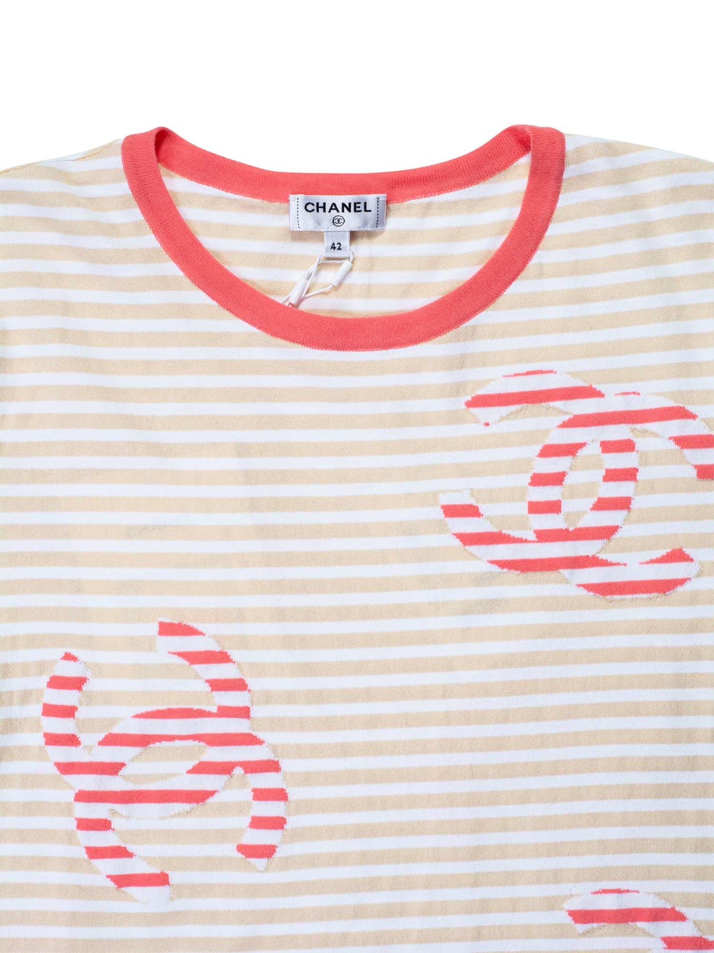 Chanel Cotton CC Logo Stripe Top Tan Pink EU