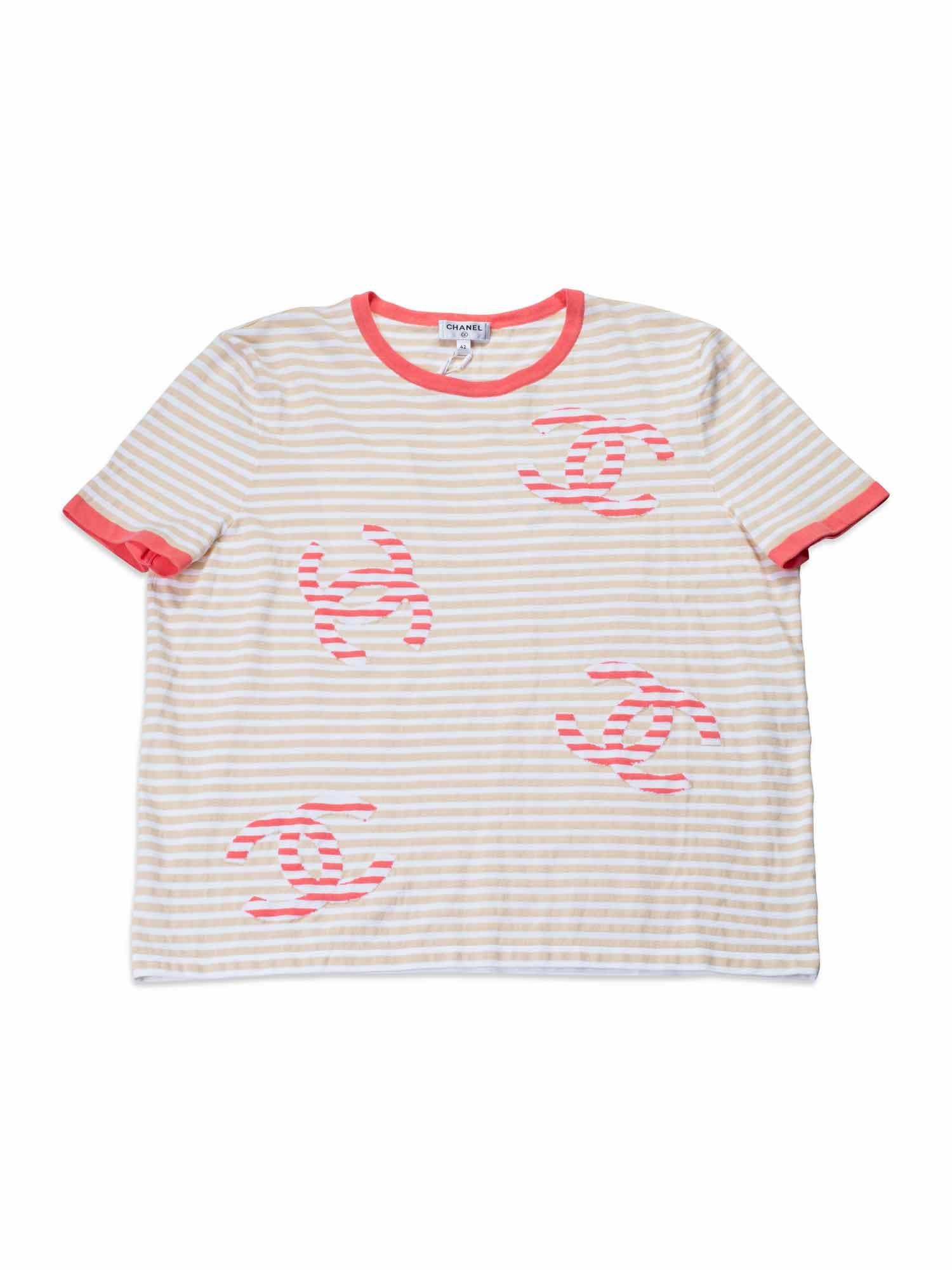 CHANEL Cotton CC Logo Stripe Top Tan Pink EU 42-designer resale