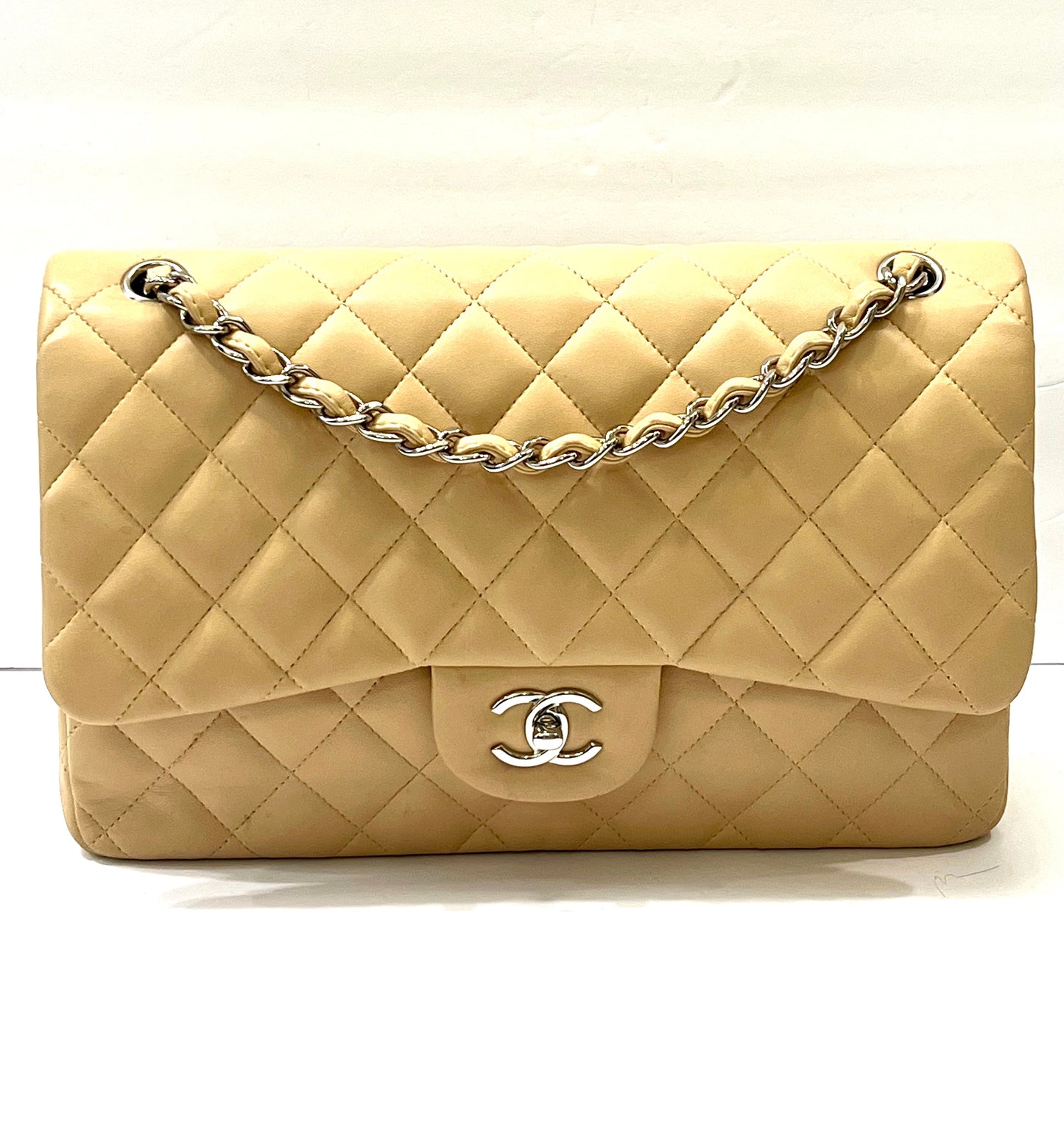 CHANEL QUILTED LAMBSKIN DOUBLE FLAP BEIGE SHOULDER BAG