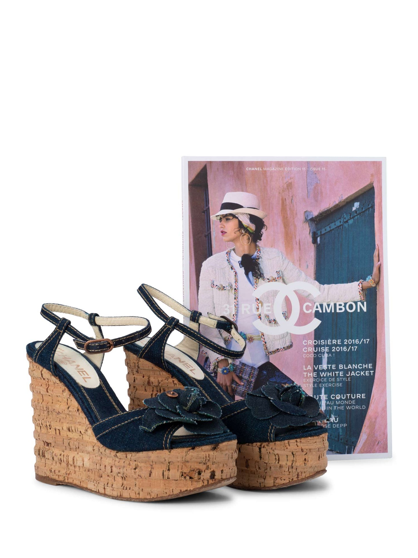 Chanel Denim Camellia Platform Cork Sandal Blue