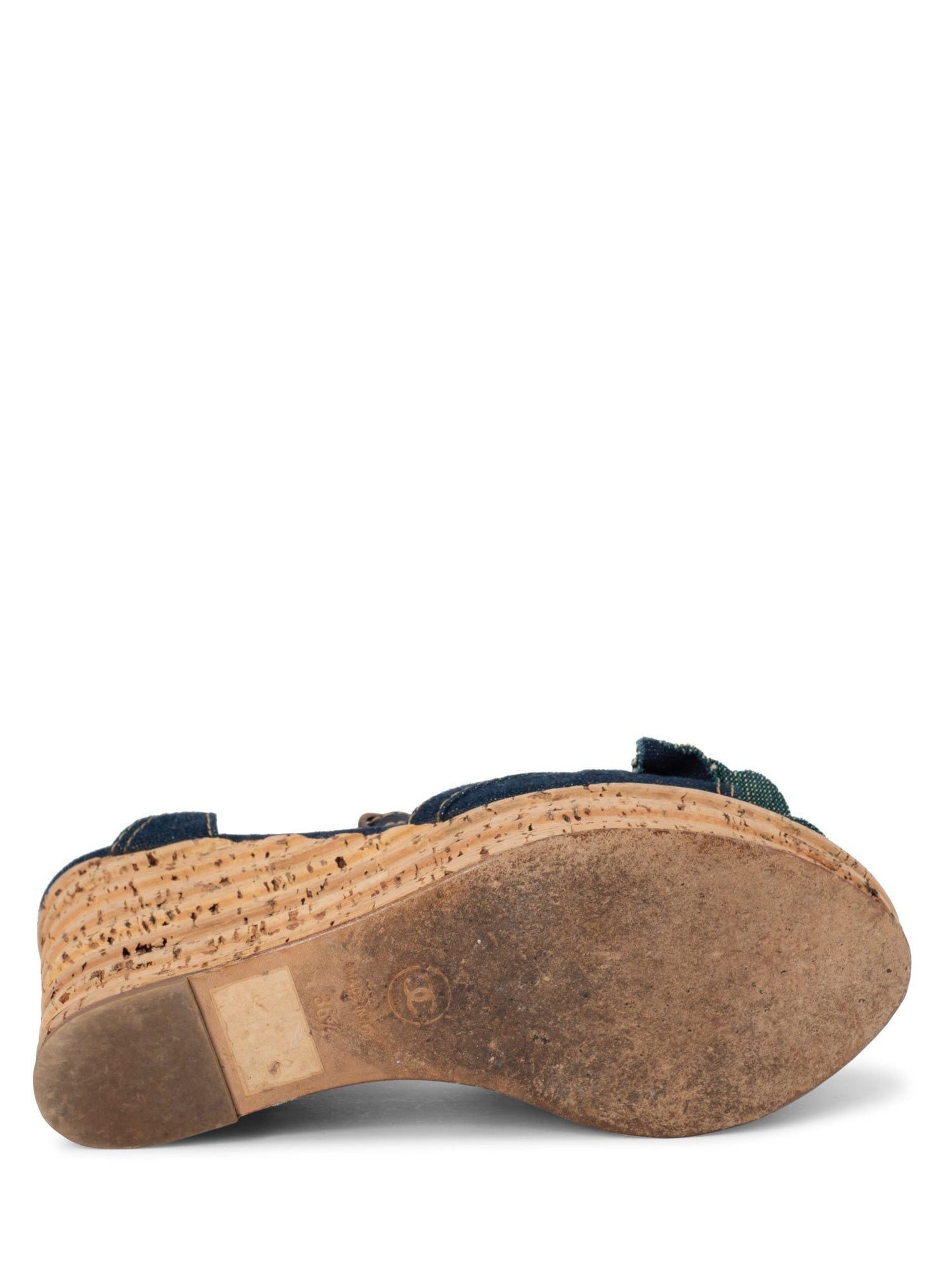 Chanel Denim Camellia Platform Cork Sandal Blue