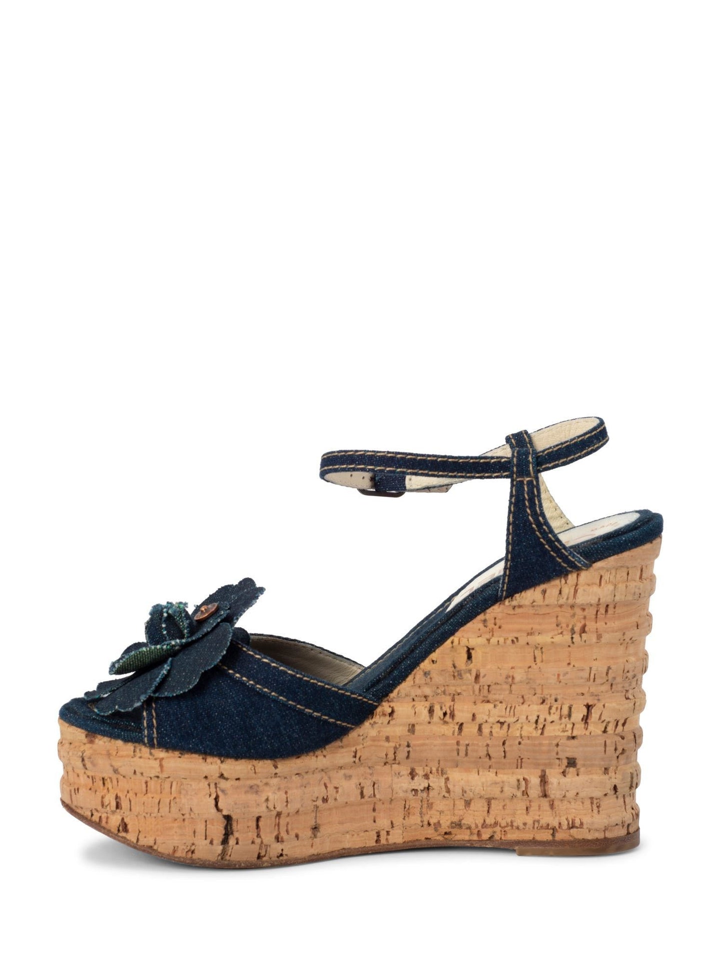 Chanel Denim Camellia Platform Cork Sandal Blue