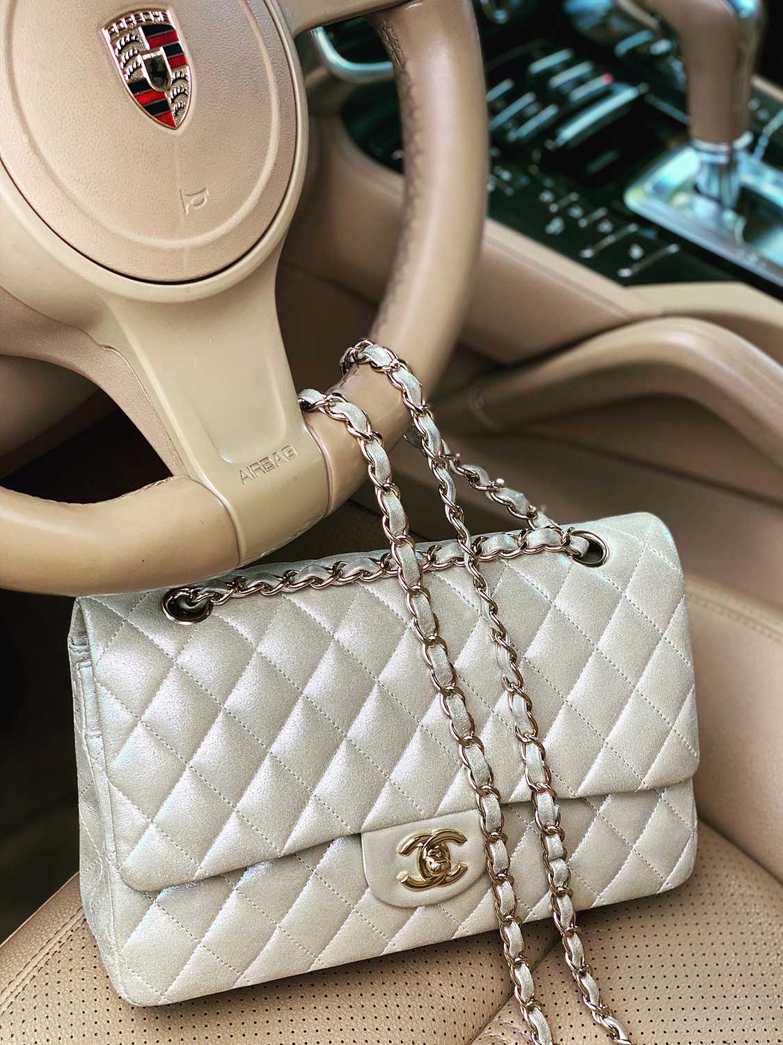 Chanel Iridescent Satin Lambskin Quilted Medium Double Flap Bag Gold