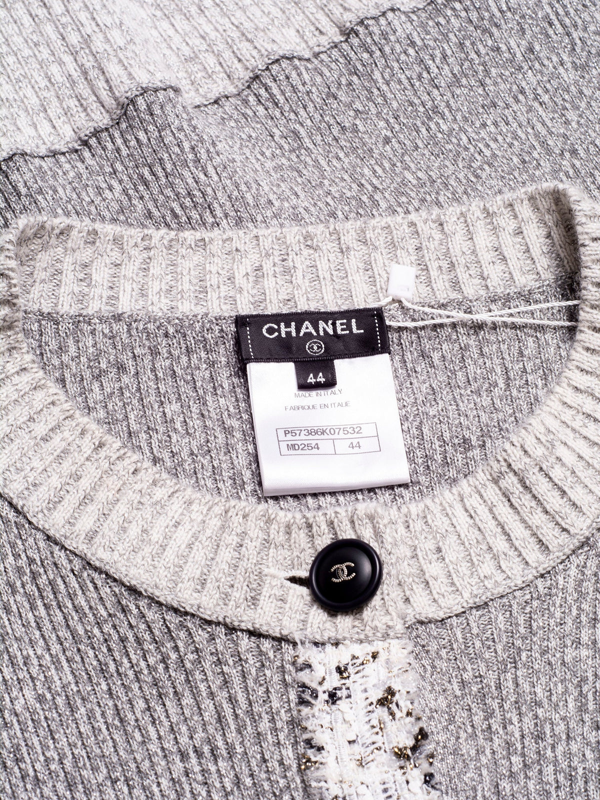 Chanel Knit CC Logo Fringe Sparkly Cardigan Grey