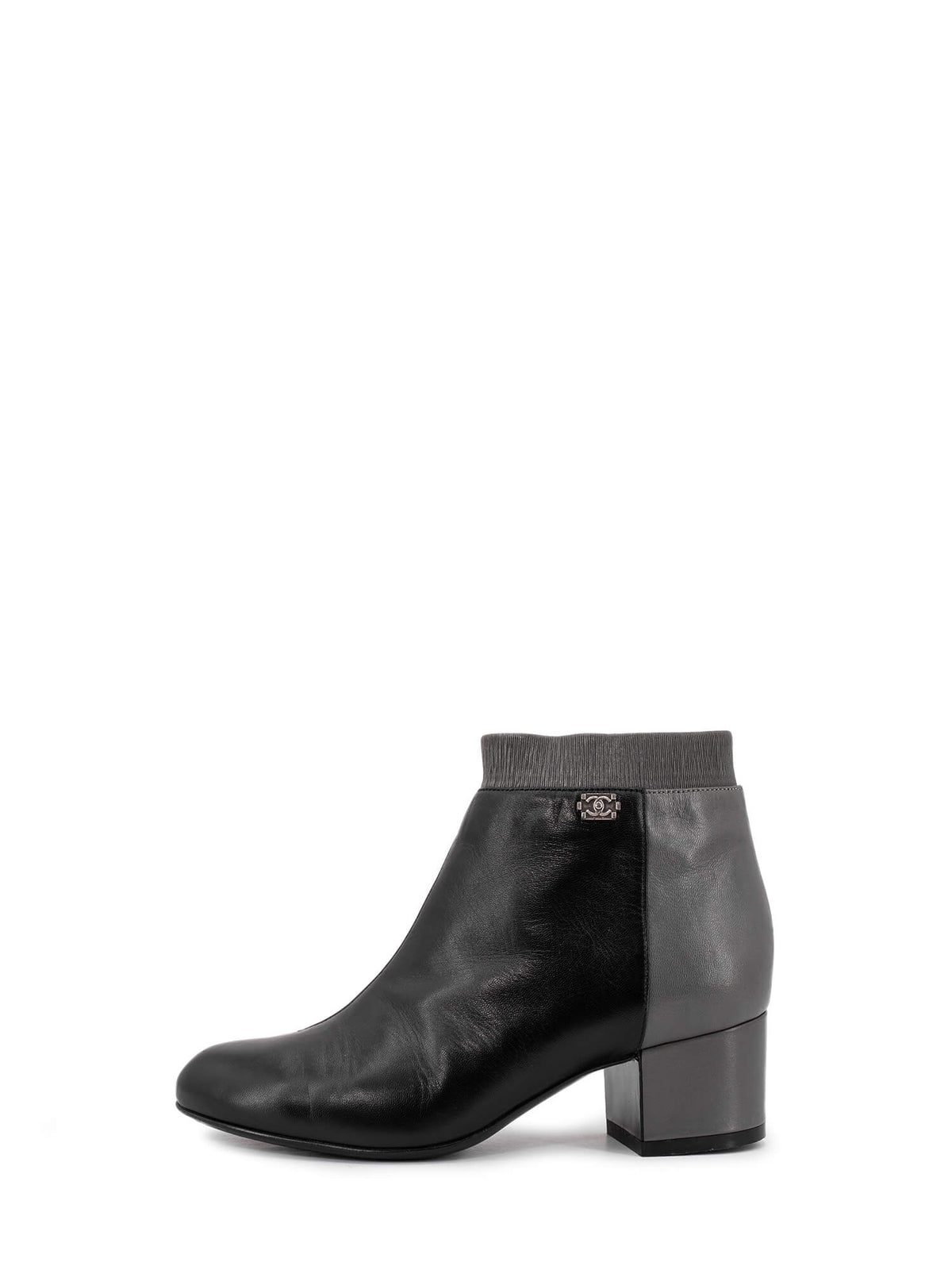 Chanel Leather CC Logo Cap Toe Two Toned Booties Black Grey