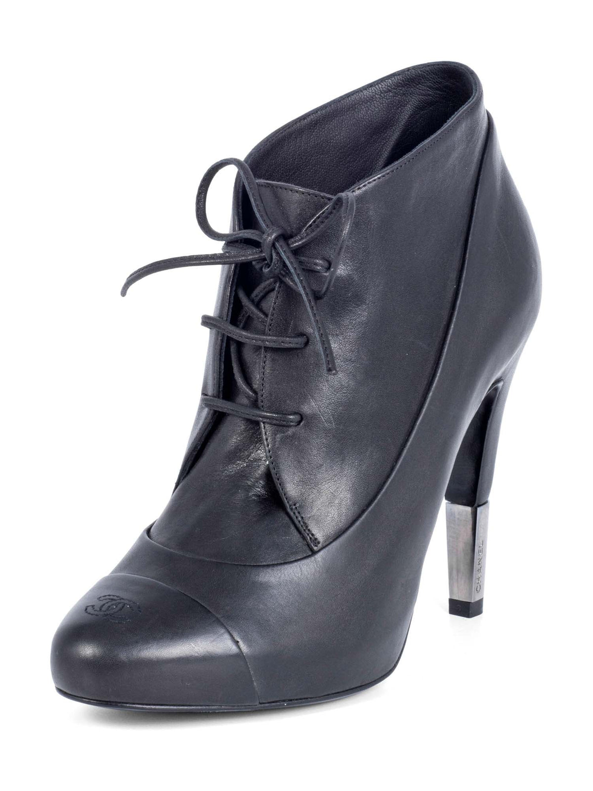 CHANEL Leather CC Logo Platform Ankle Booties Black-designer resale
