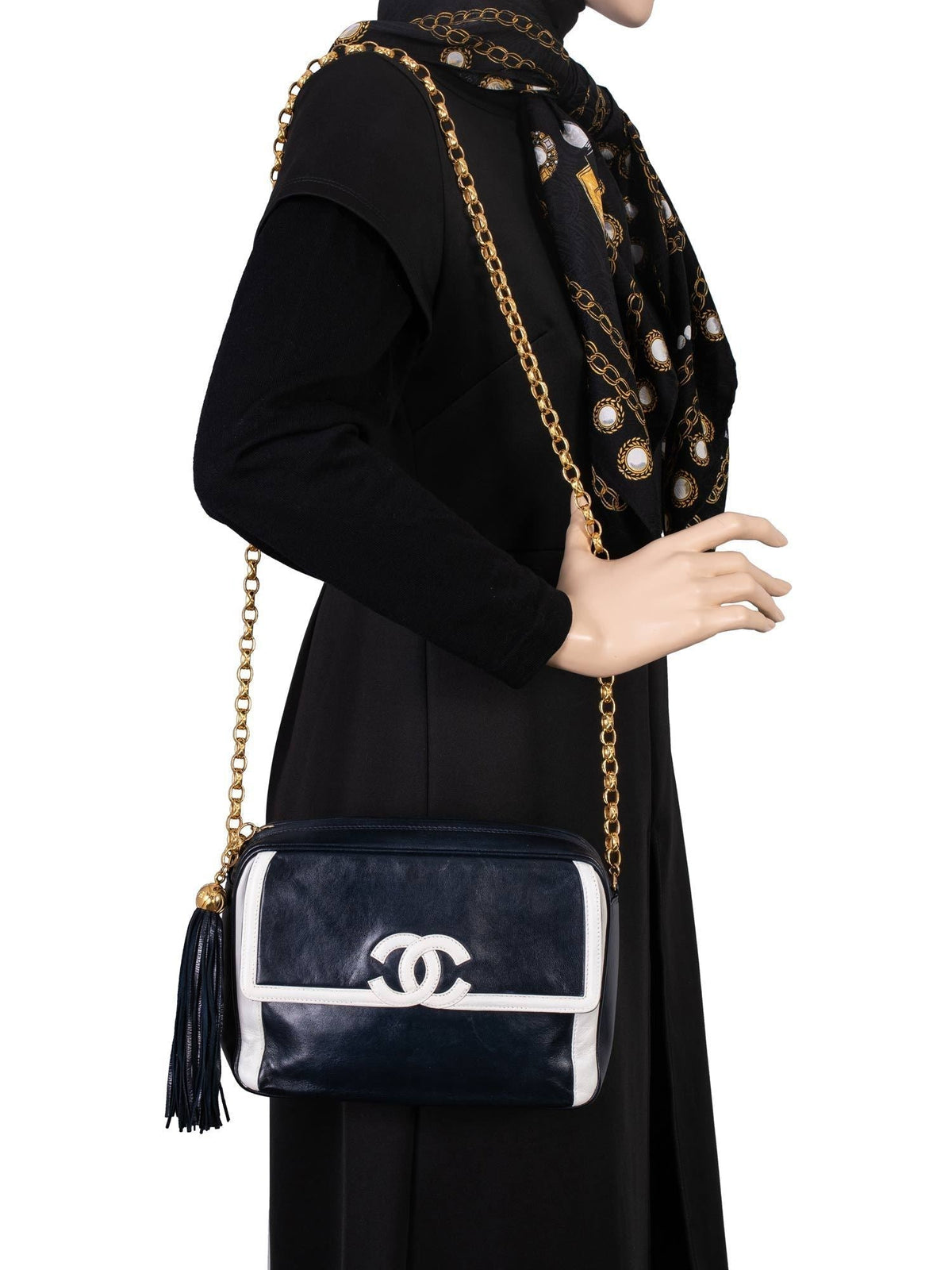 Chanel Leather CC Logo Tassel Camera Messenger Bag Blue White