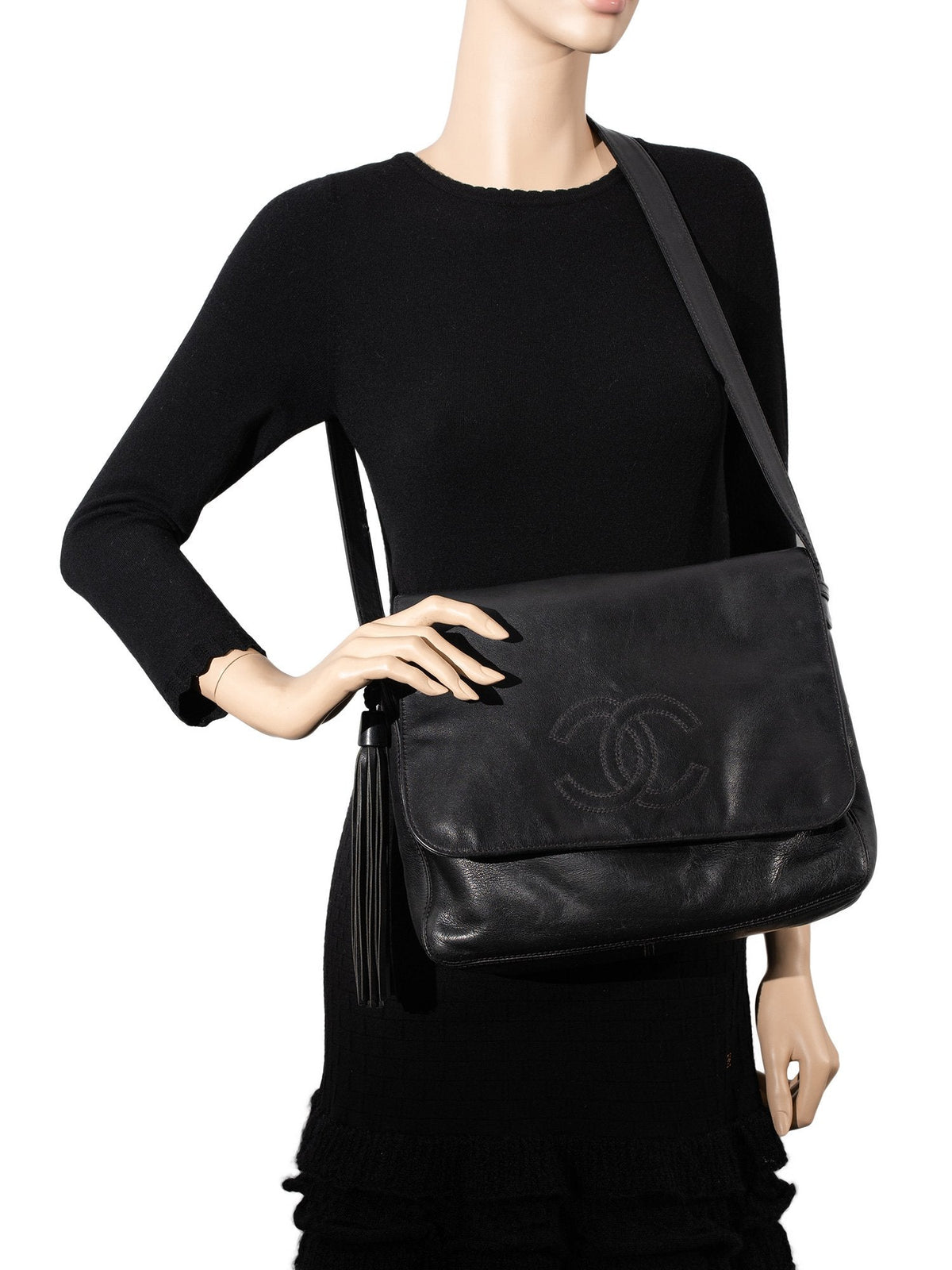 Chanel Leather CC Logo Tassel Flap Messenger Bag Black
