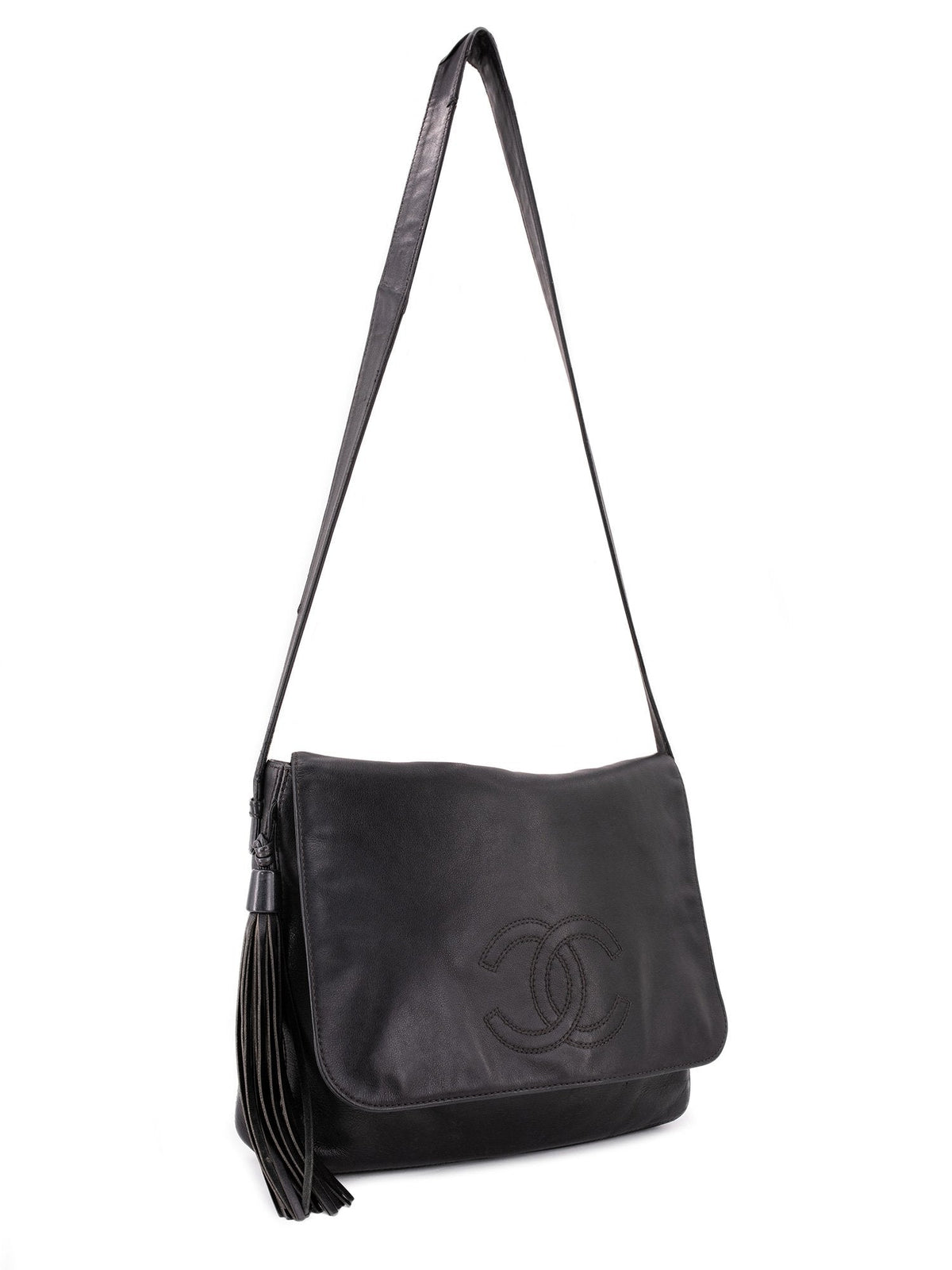Chanel Leather CC Logo Tassel Flap Messenger Bag Black