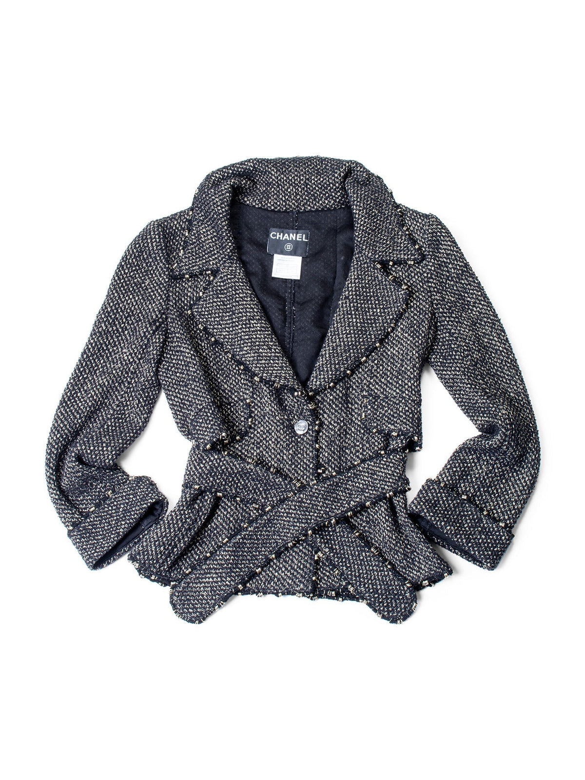 CHANEL Lesage Tweed Fringe Fitted Belted Jacket Gold Black-designer resale