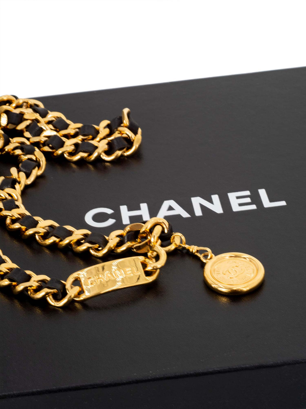 Chanel Medallion K Gold Chain Leather Belt Black