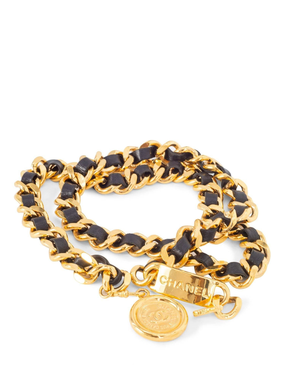 Chanel Medallion K Gold Chain Leather Belt Black