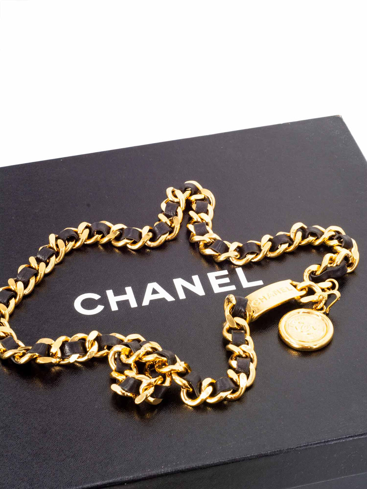 Chanel Medallion K Gold Chain Leather Belt Black