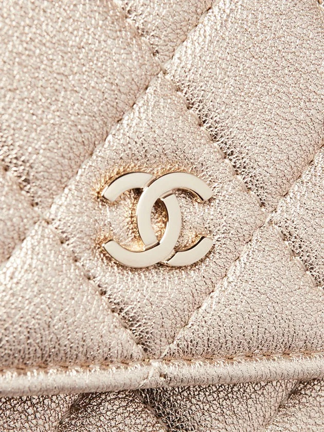 CHANEL METALLIC GOLD QUILTED CAVIAR WALLET ON A CHAIN-HS