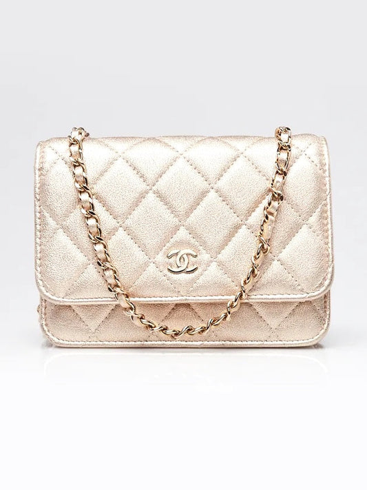 CHANEL METALLIC GOLD QUILTED CAVIAR WALLET ON A CHAIN-HS