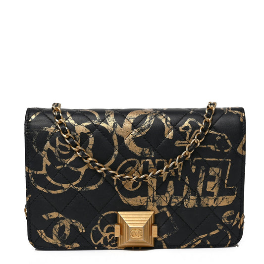 CHANEL QUILTED CALFSKIN GRAFFITI PYRAMID WALLET ON A CHAIN