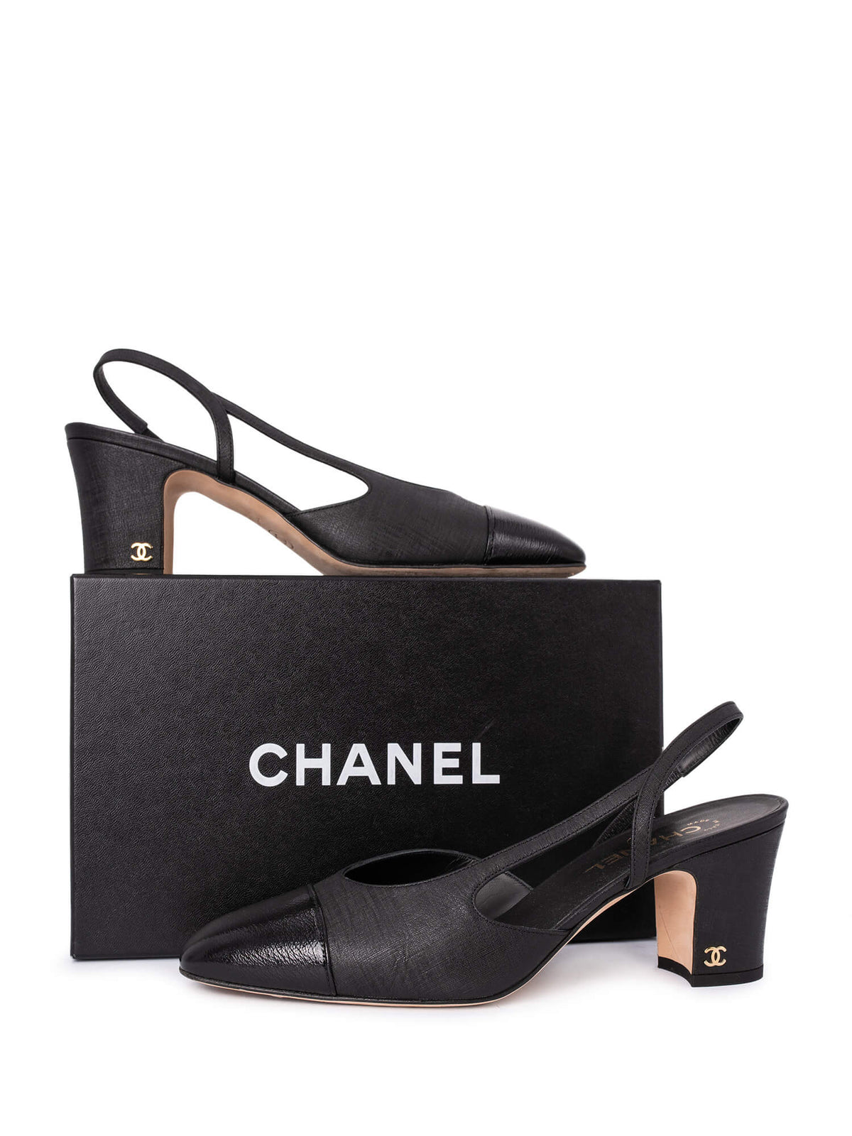 Chanel Patent Leather CC Logo Cap Toe Sling Back Pumps Black