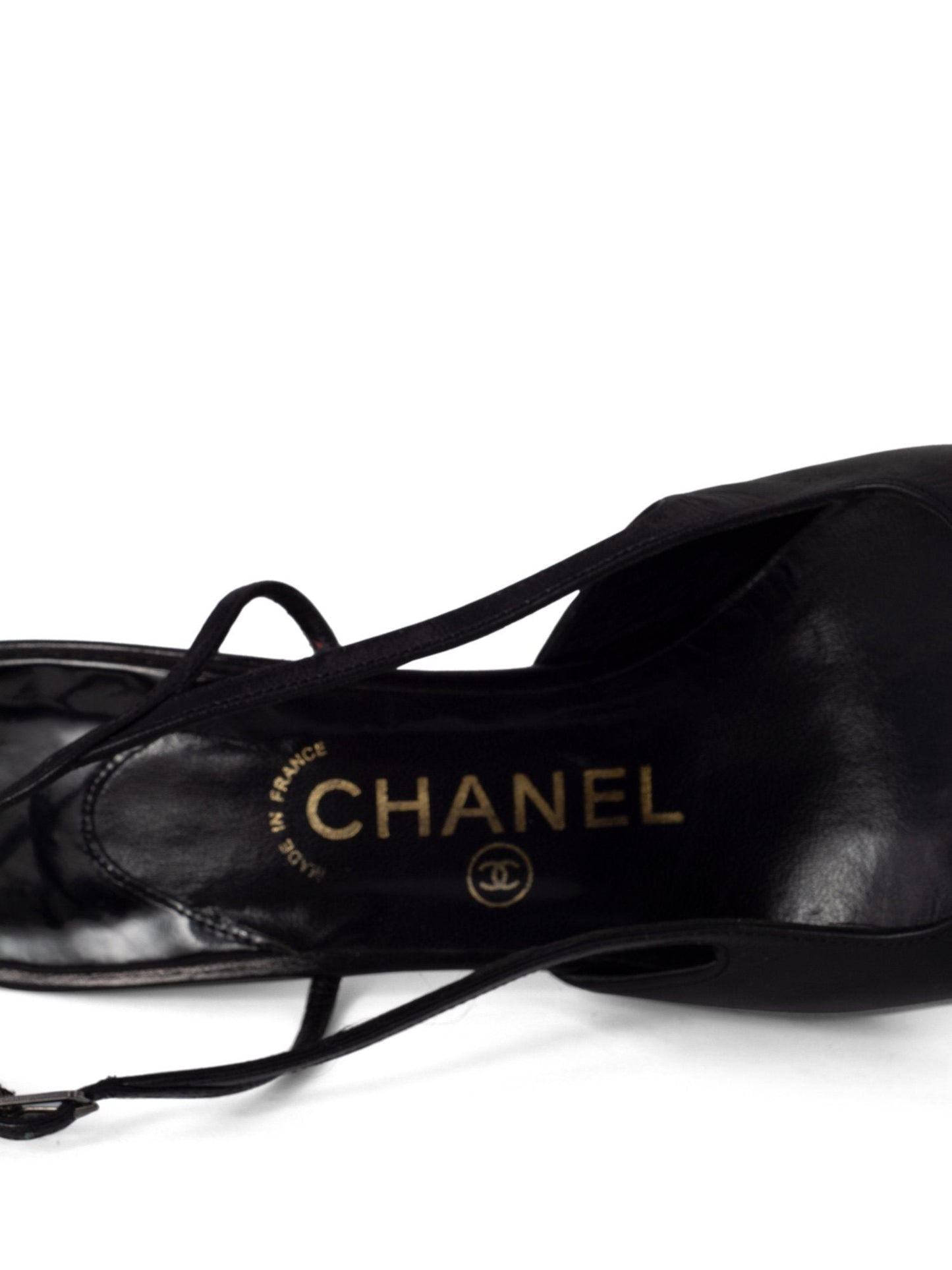 Chanel Patent Leather CC Logo Cap Toe Sling Back Shoes Black