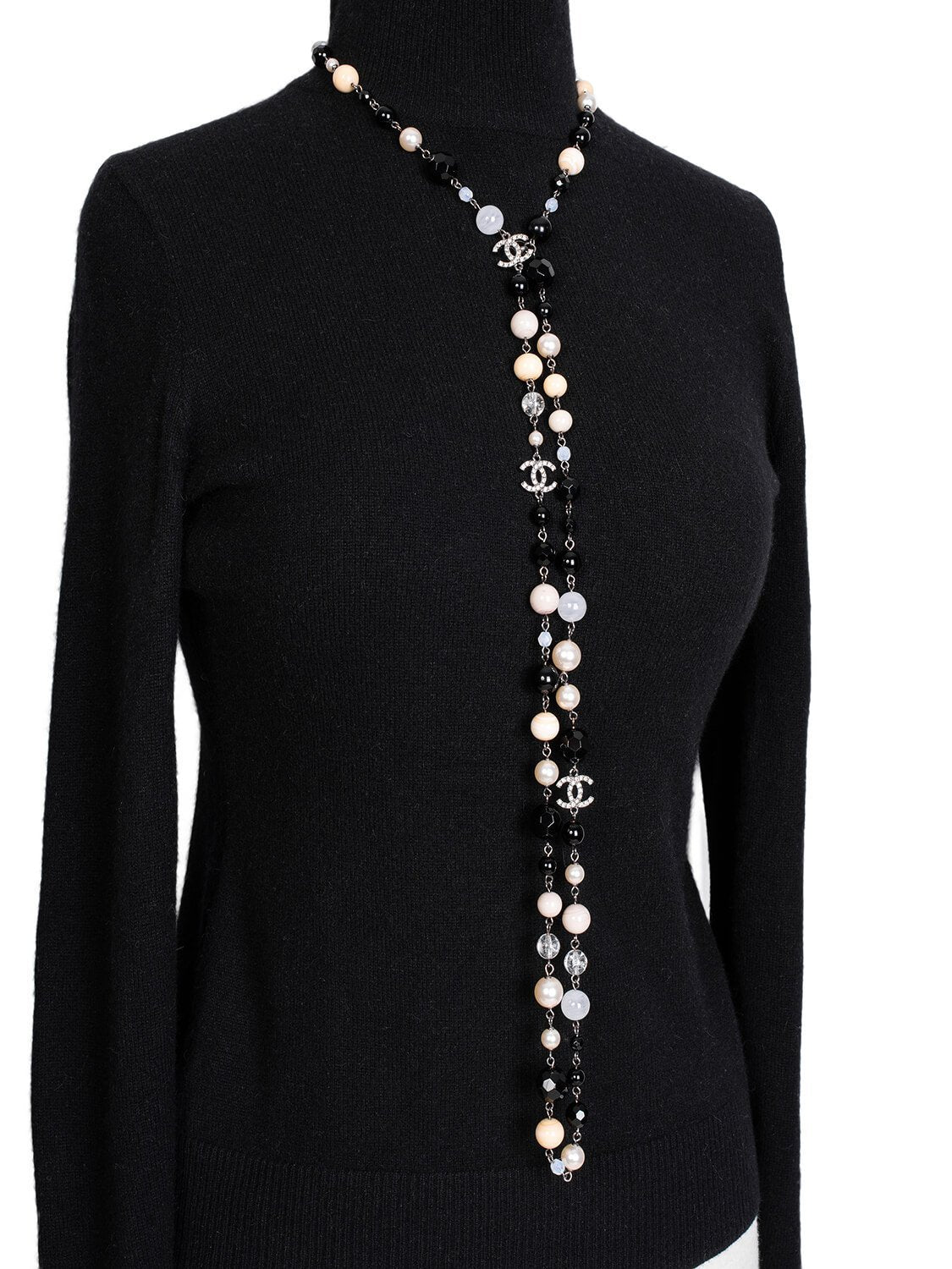 Chanel Pearl CC Logo Long Necklace Silver