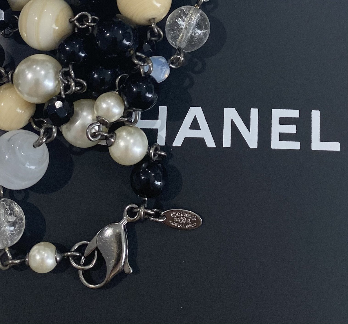 Chanel Pearl CC Logo Long Necklace Silver