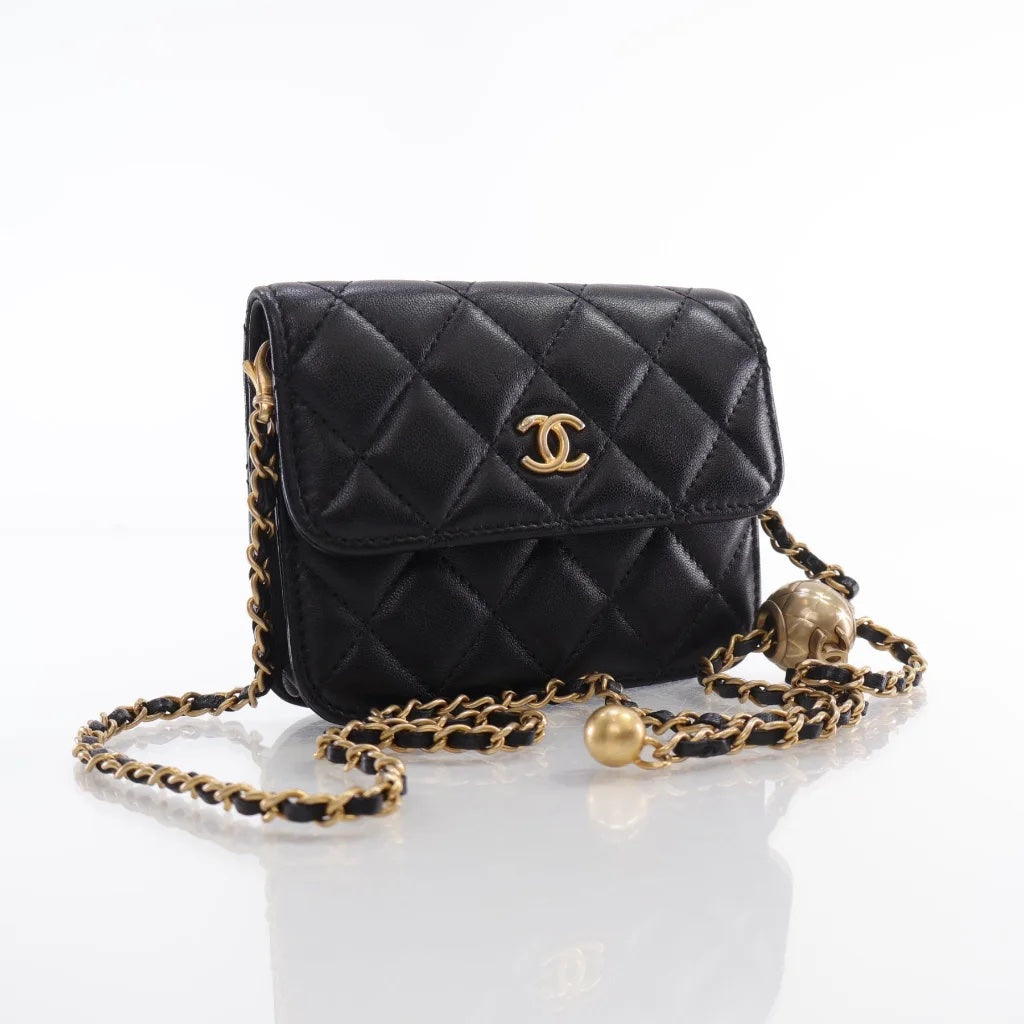 CHANEL QUILTED LAMBSKIN PEARL CRUSH MINI WALLET ON A CHAIN