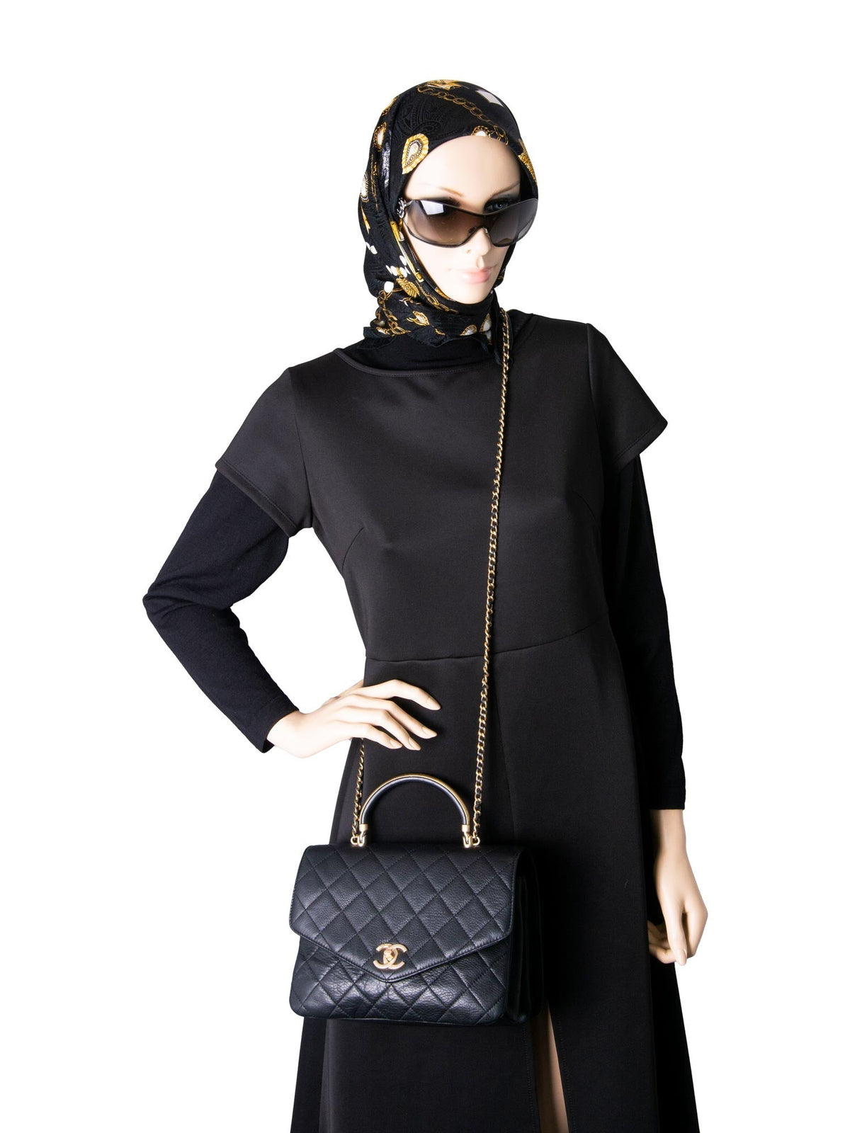 Chanel Quilted Caviar Gold Top Handle Medium Flap Bag Black