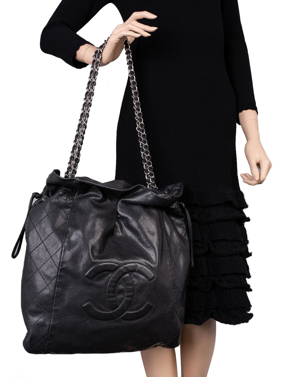 Chanel Quilted Caviar Leather CC Logo Large Bag Black