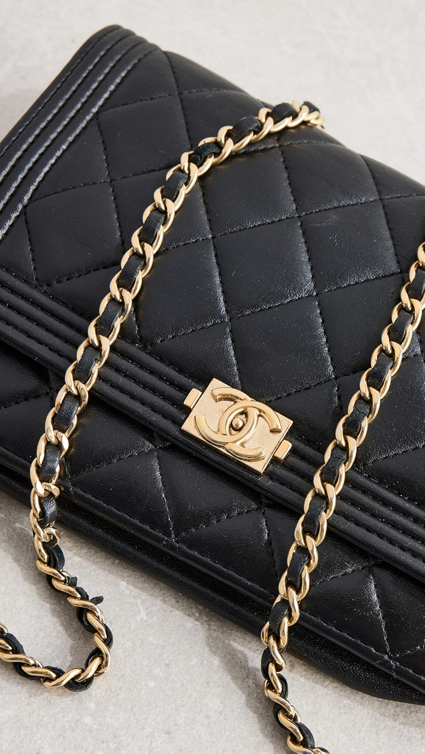 CHANEL QUILTED LAMBSKIN BOY WALLET ON CHAIN