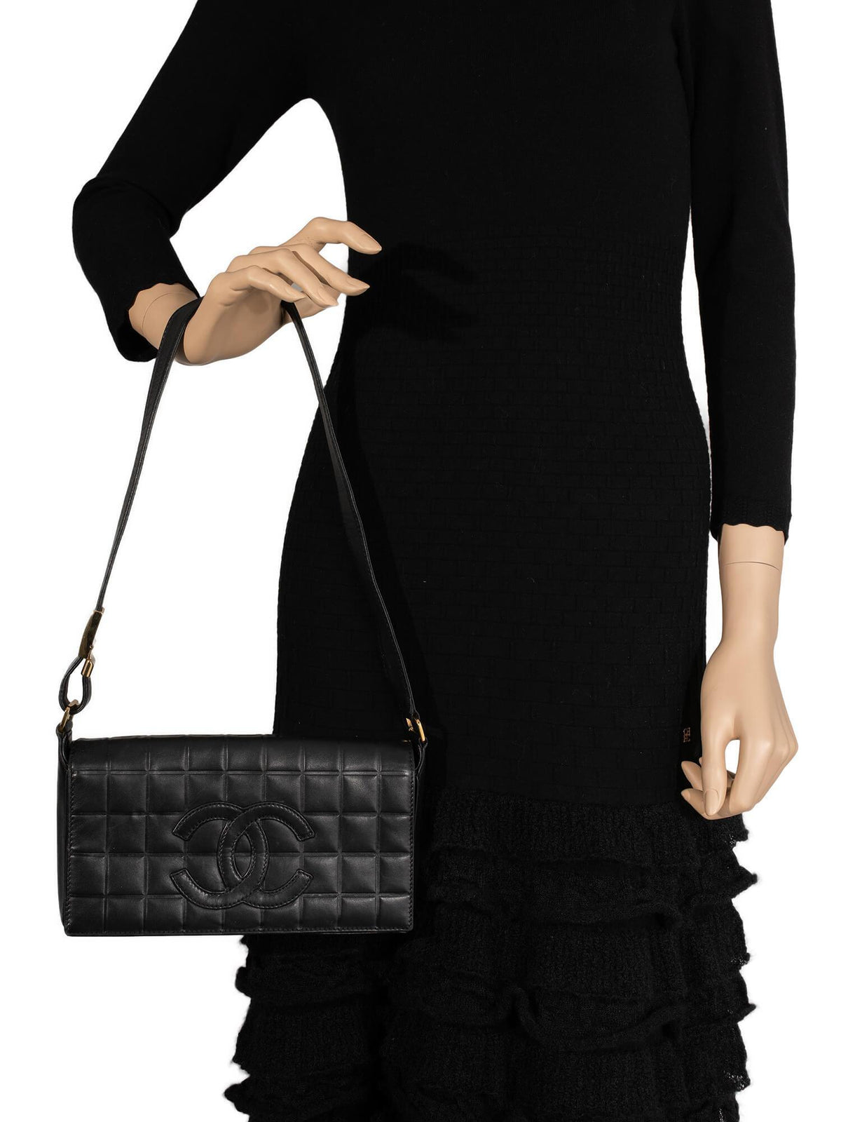 Chanel Quilted Leather CC Logo Chocolate Bar Flap Bag Black