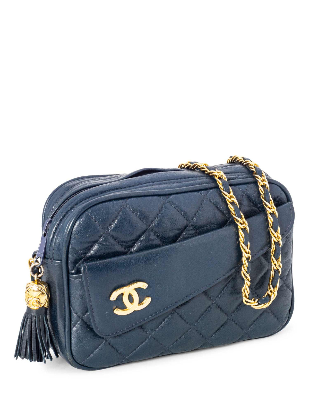 Chanel Quilted Leather CC Tassel Camera Bag Blue