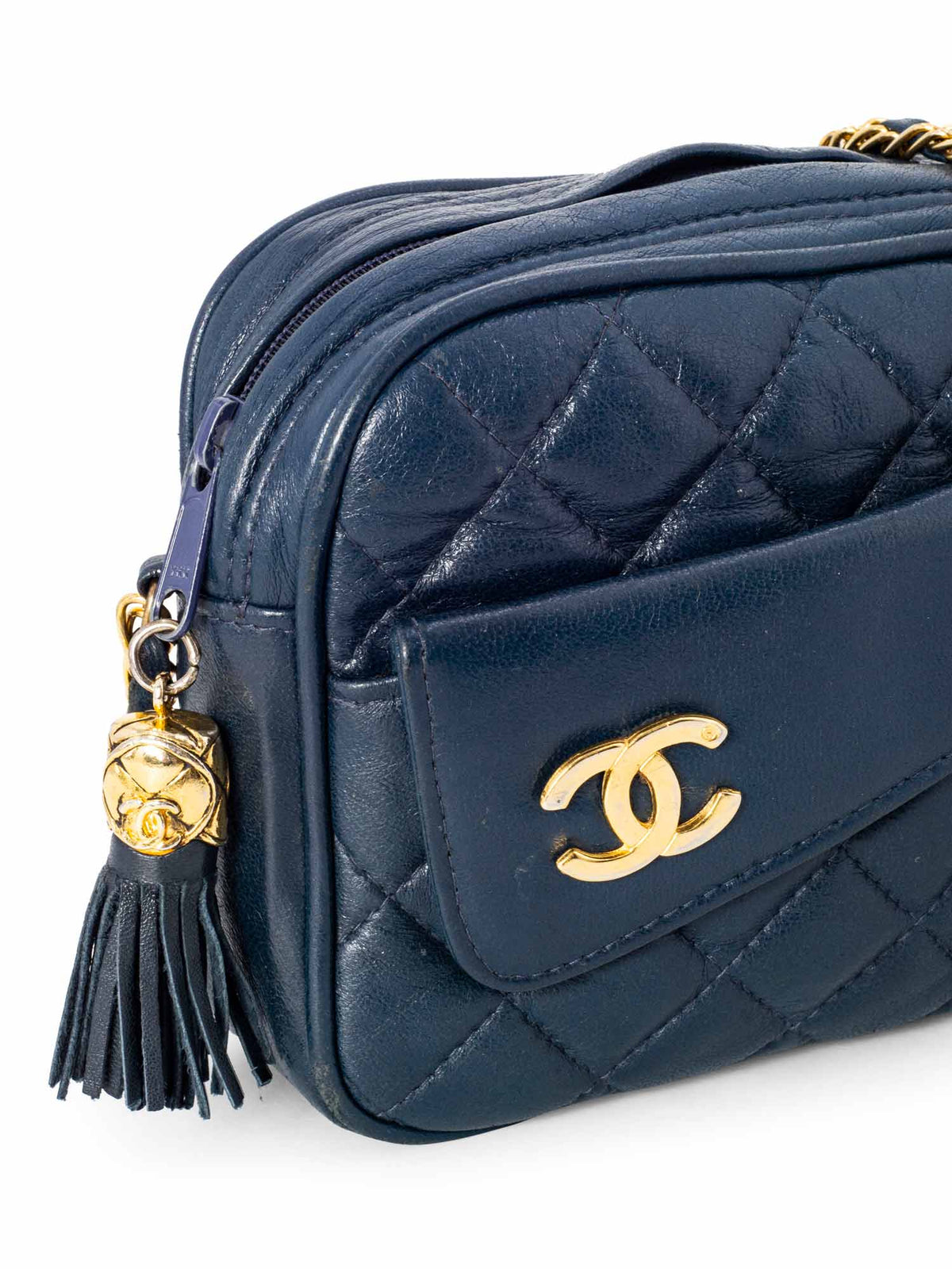 Chanel Quilted Leather CC Tassel Camera Bag Blue