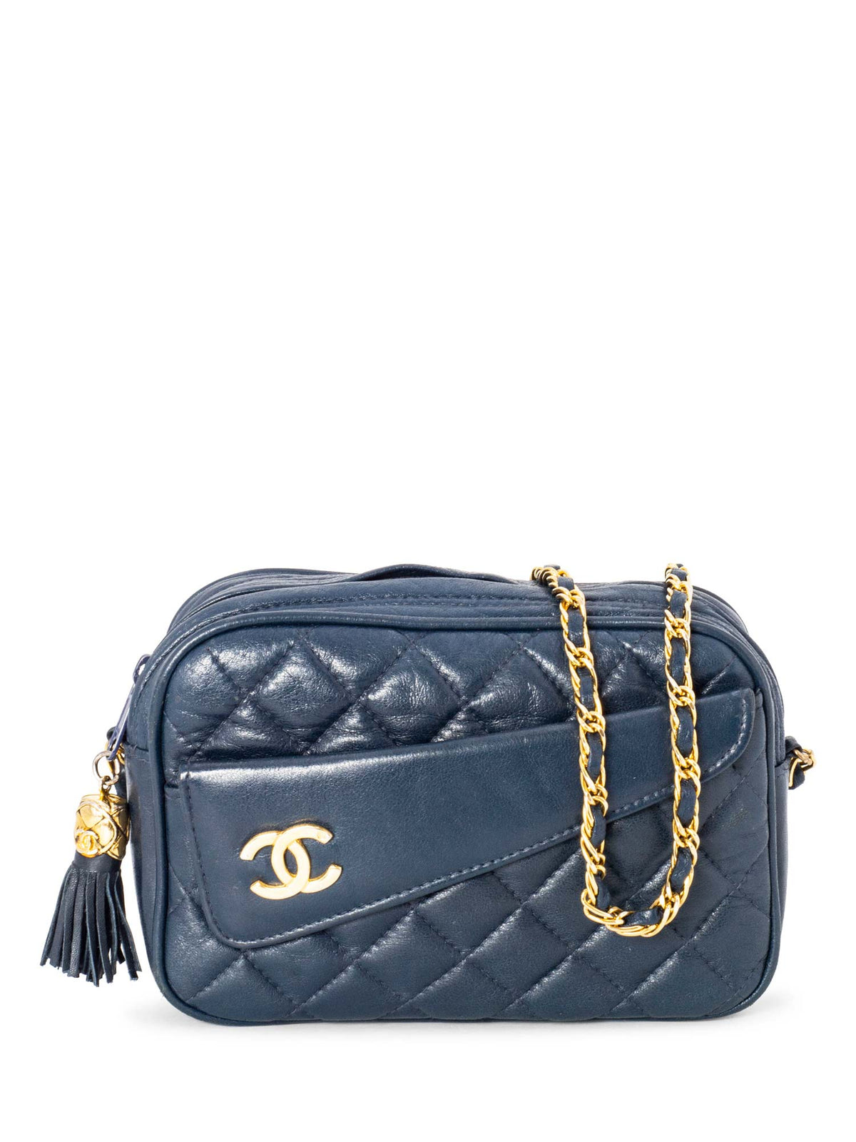 Chanel Quilted Leather CC Tassel Camera Bag Blue