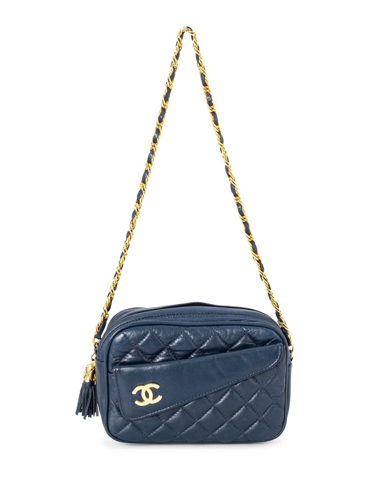 Chanel Quilted Leather CC Tassel Camera Bag Blue