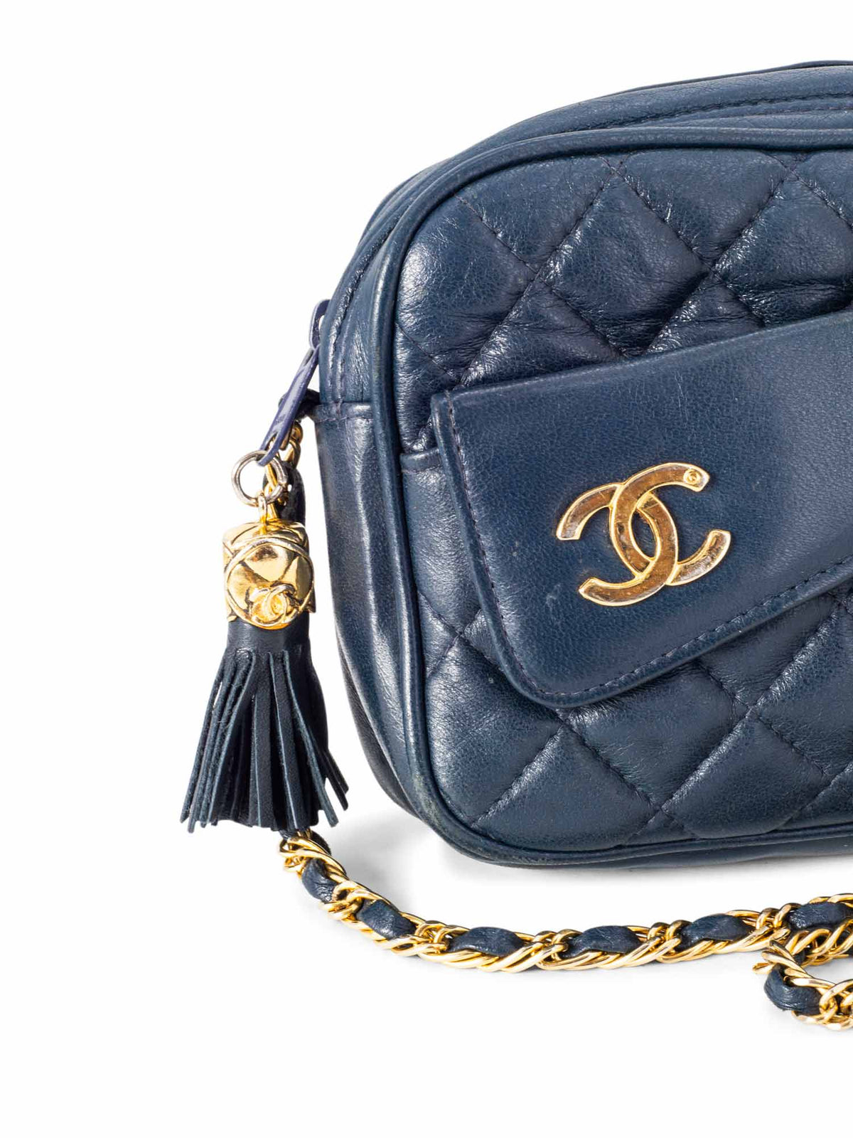 Chanel Quilted Leather CC Tassel Camera Bag Blue