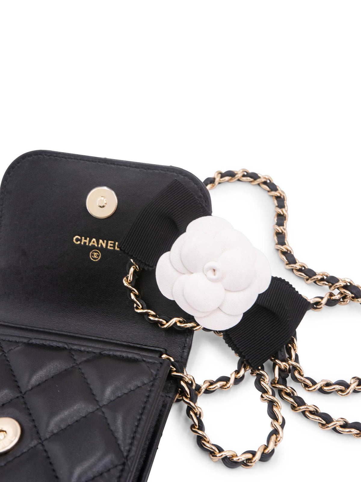 Chanel Quilted Leather Camellia Phone Messenger Bag Black