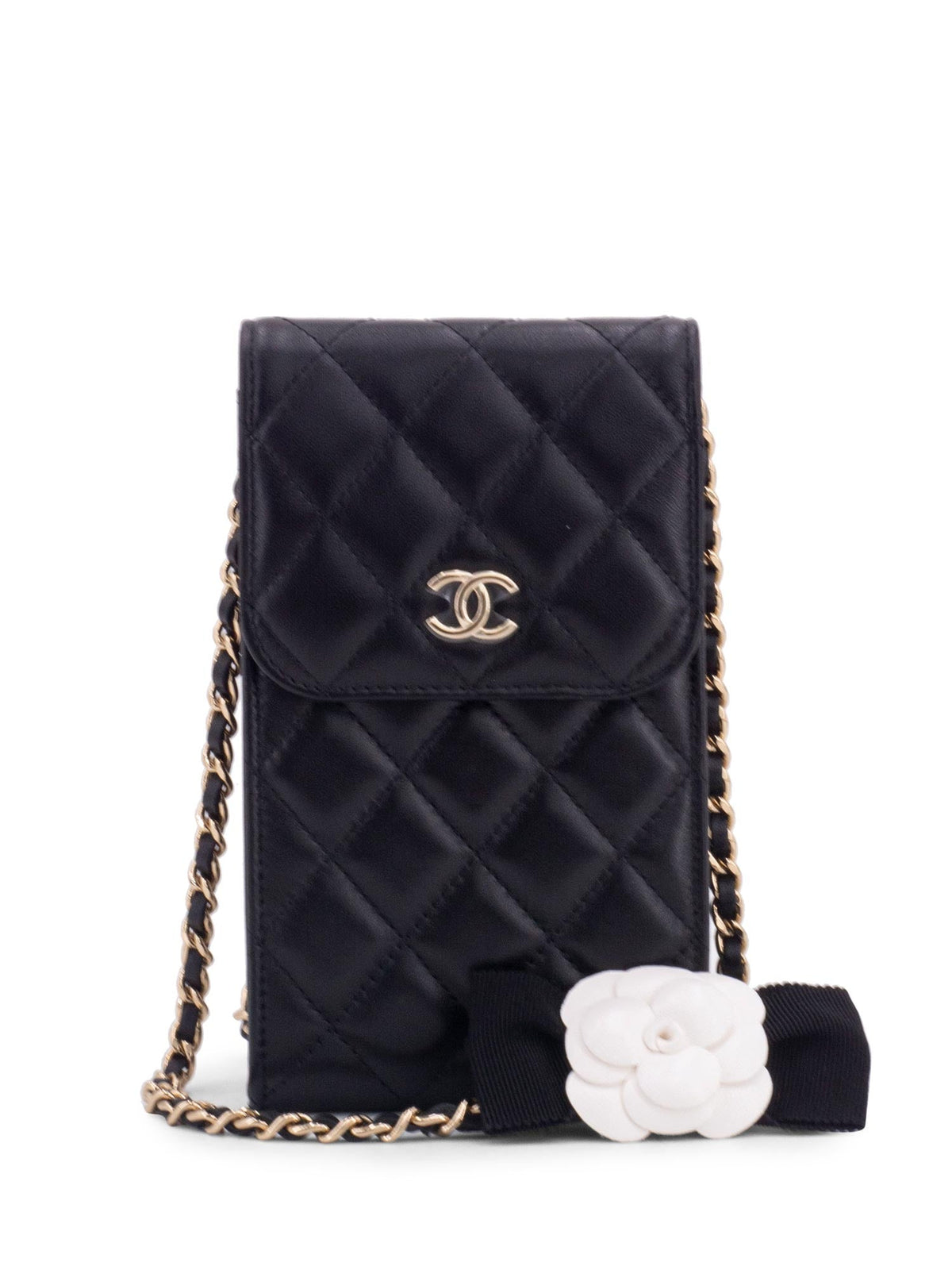 Chanel Quilted Leather Camellia Phone Messenger Bag Black