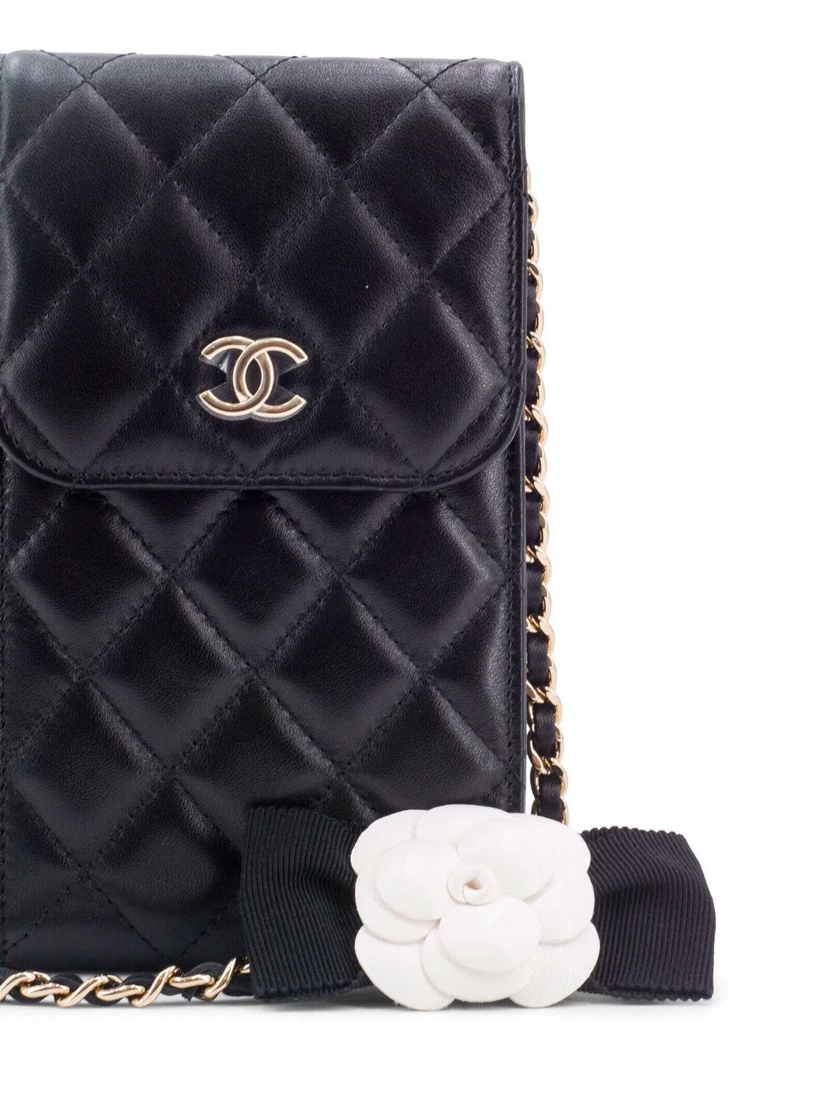 Chanel Quilted Leather Camellia Phone Messenger Bag Black