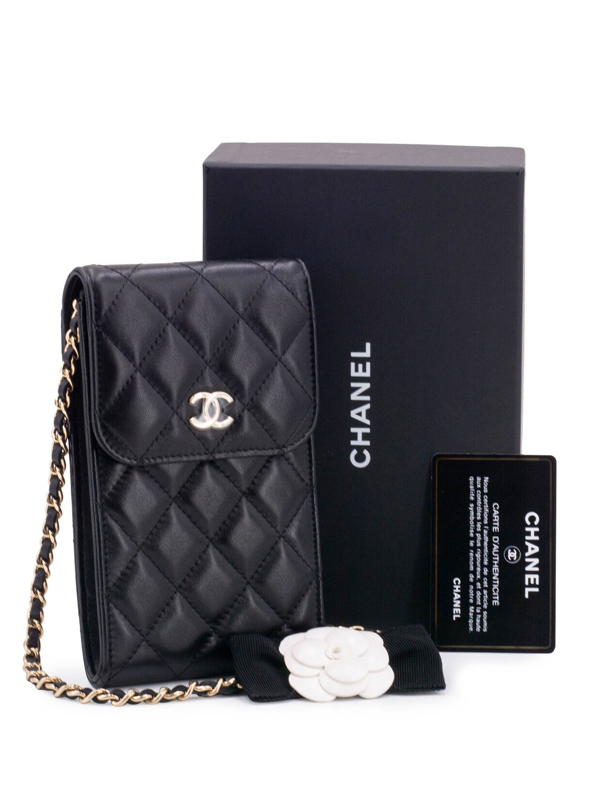 Chanel Quilted Leather Camellia Phone Messenger Bag Black
