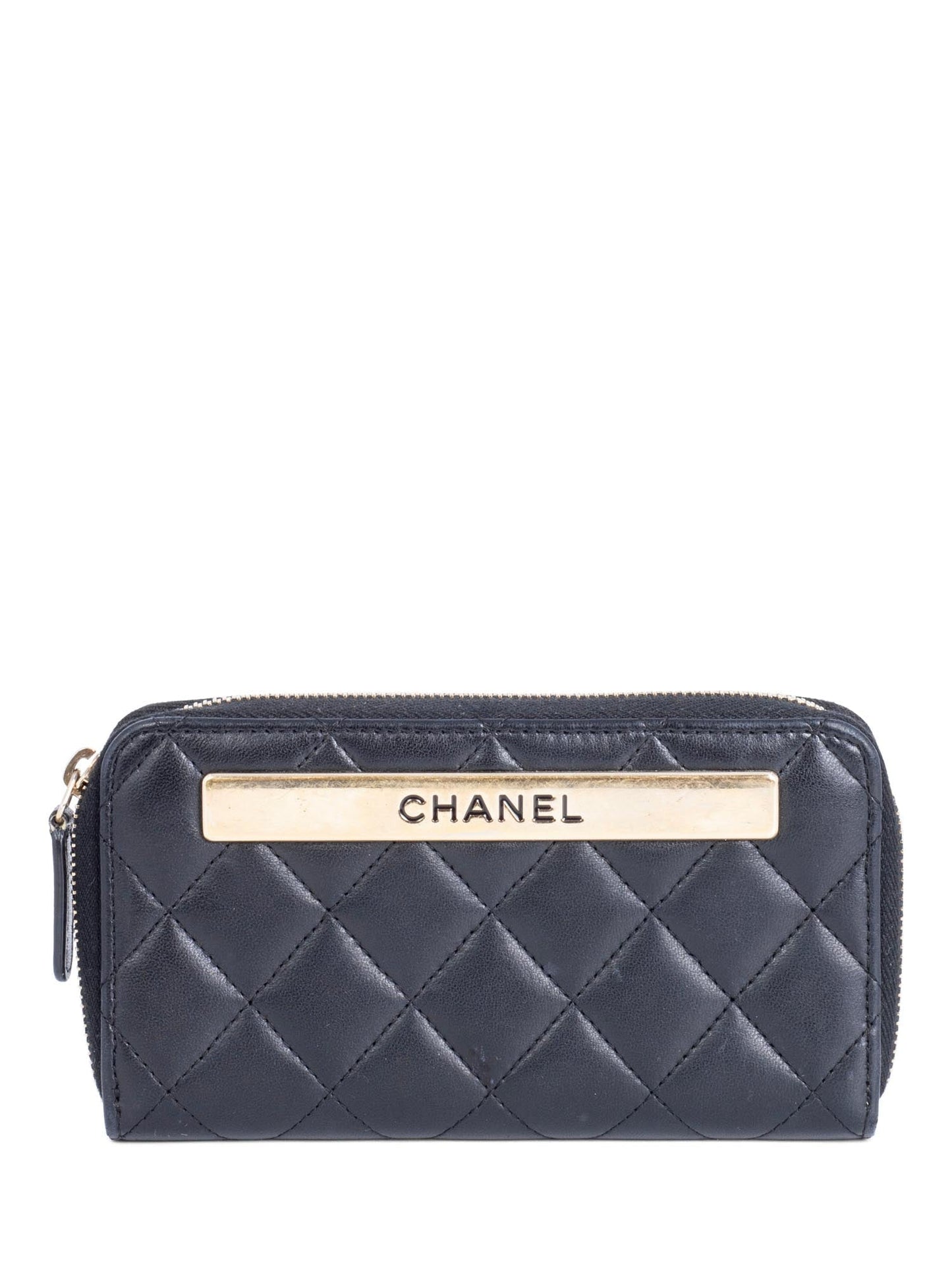 Chanel Quilted Leather Trendy Plate Zip Around Wallet Black