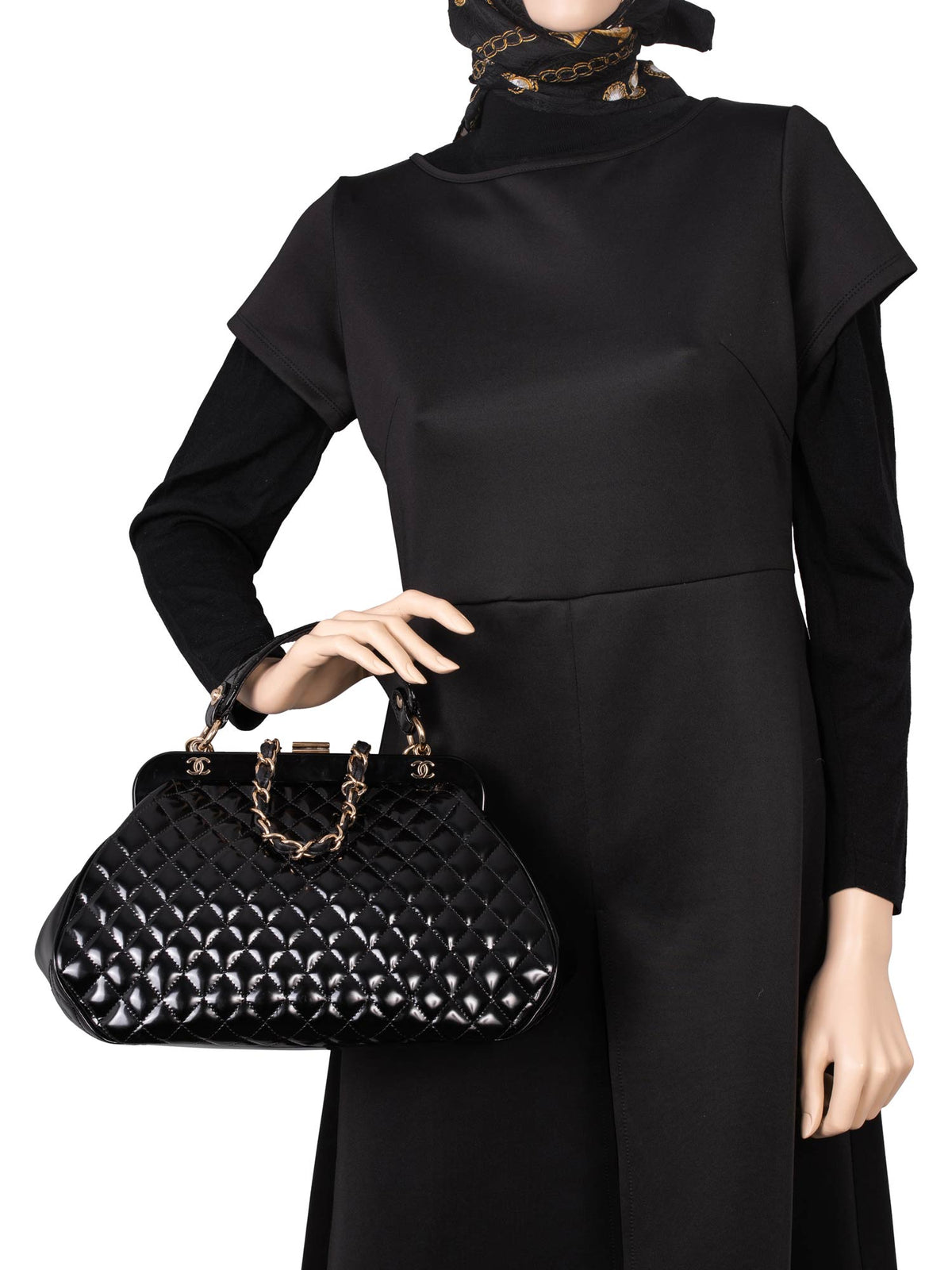 Chanel Quilted Patent Leather CC Logo Top Handle Bag Black