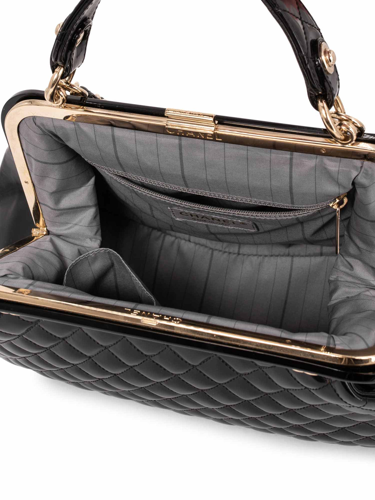 Chanel Quilted Patent Leather CC Logo Top Handle Bag Black