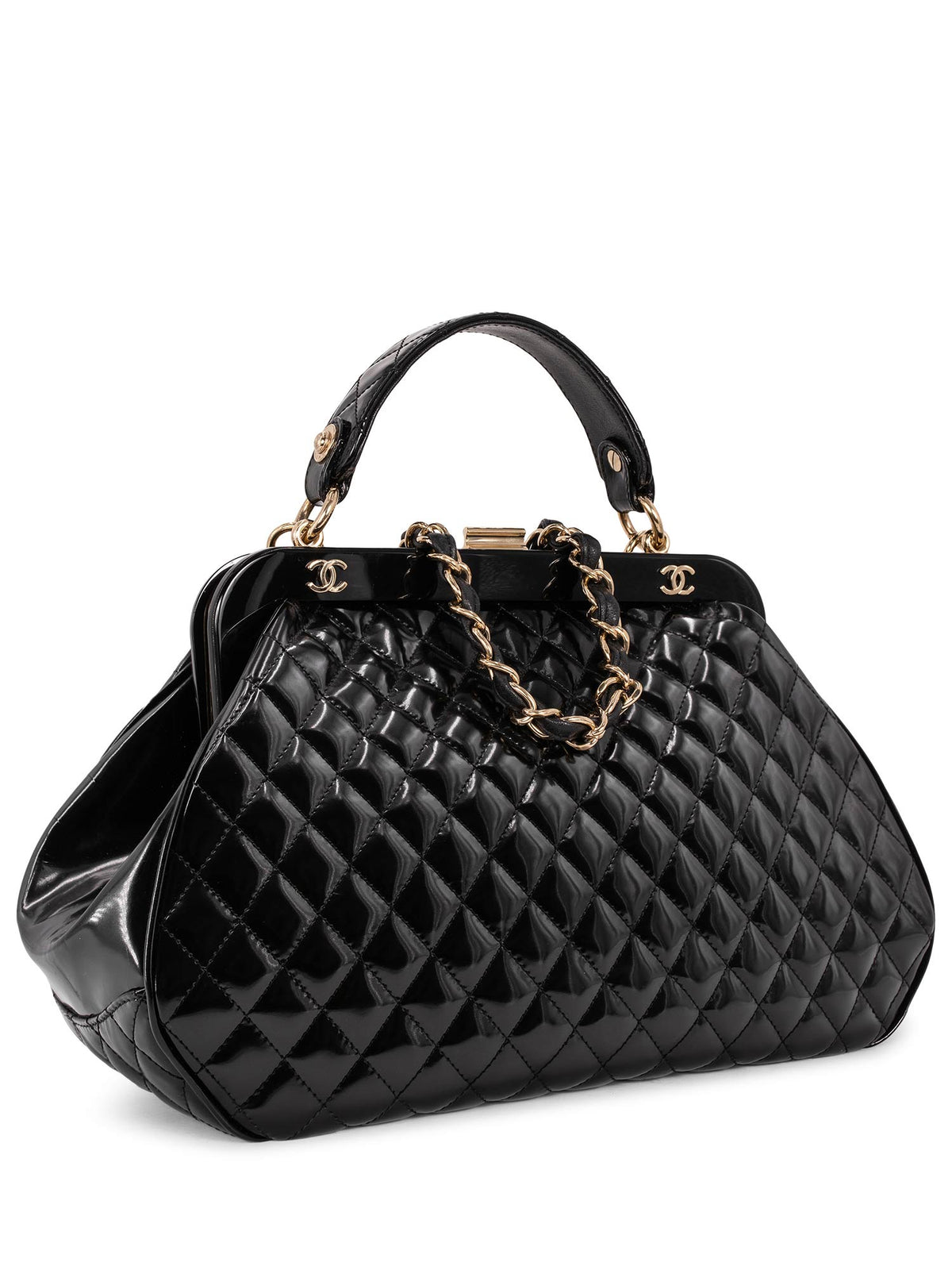 Chanel Quilted Patent Leather CC Logo Top Handle Bag Black