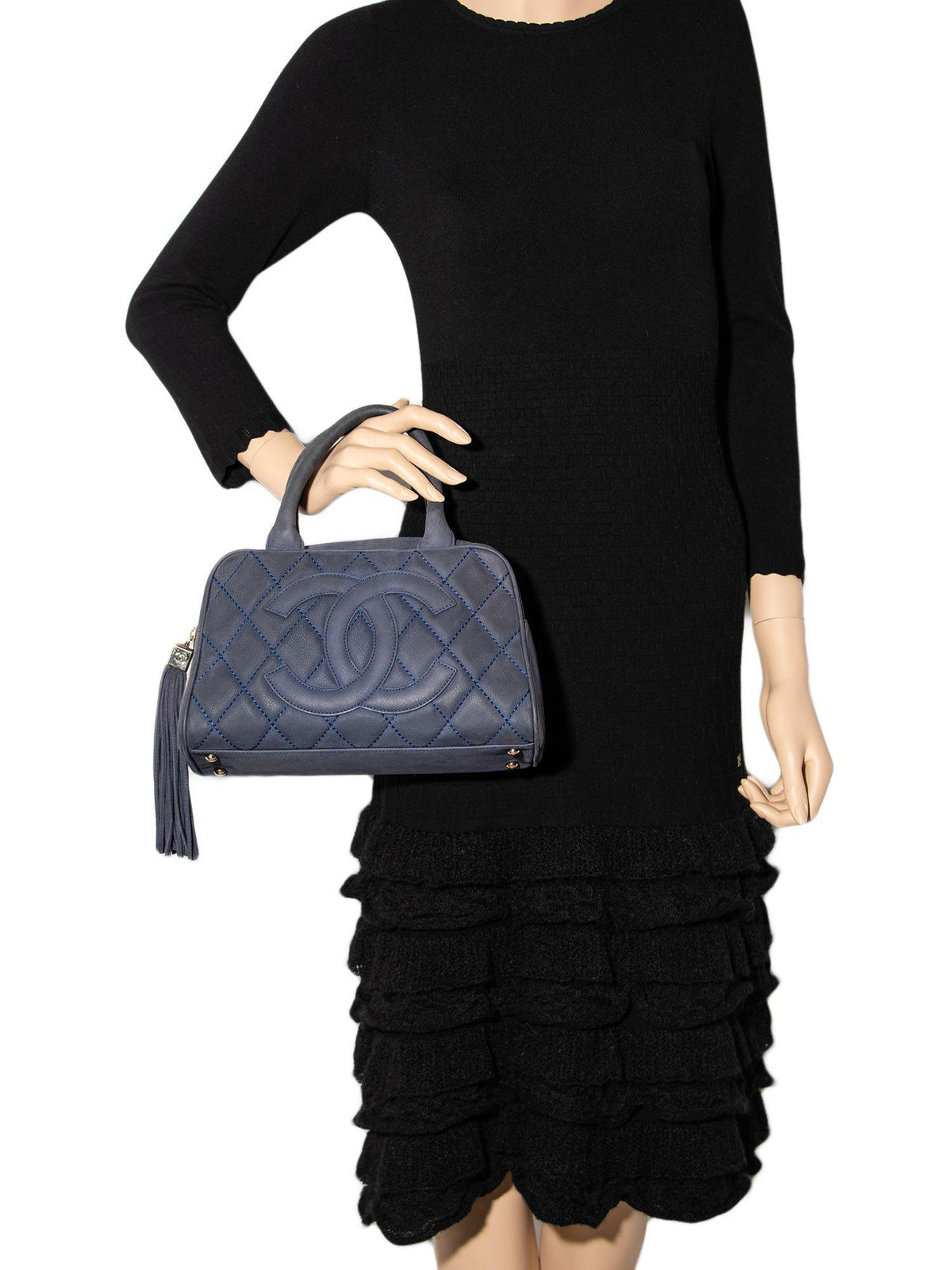 Chanel Quilted Soft Caviar Leather Mini Tassel Bowling Bag Blue
