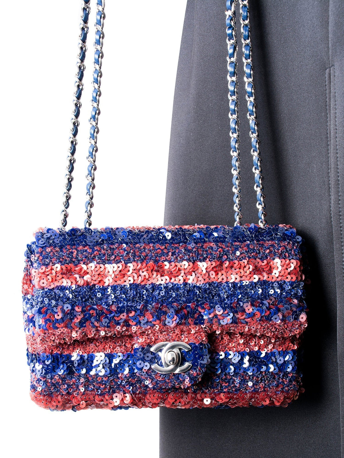 Chanel Sequin Logo Mini Rectangular Flap Bag Red Blue