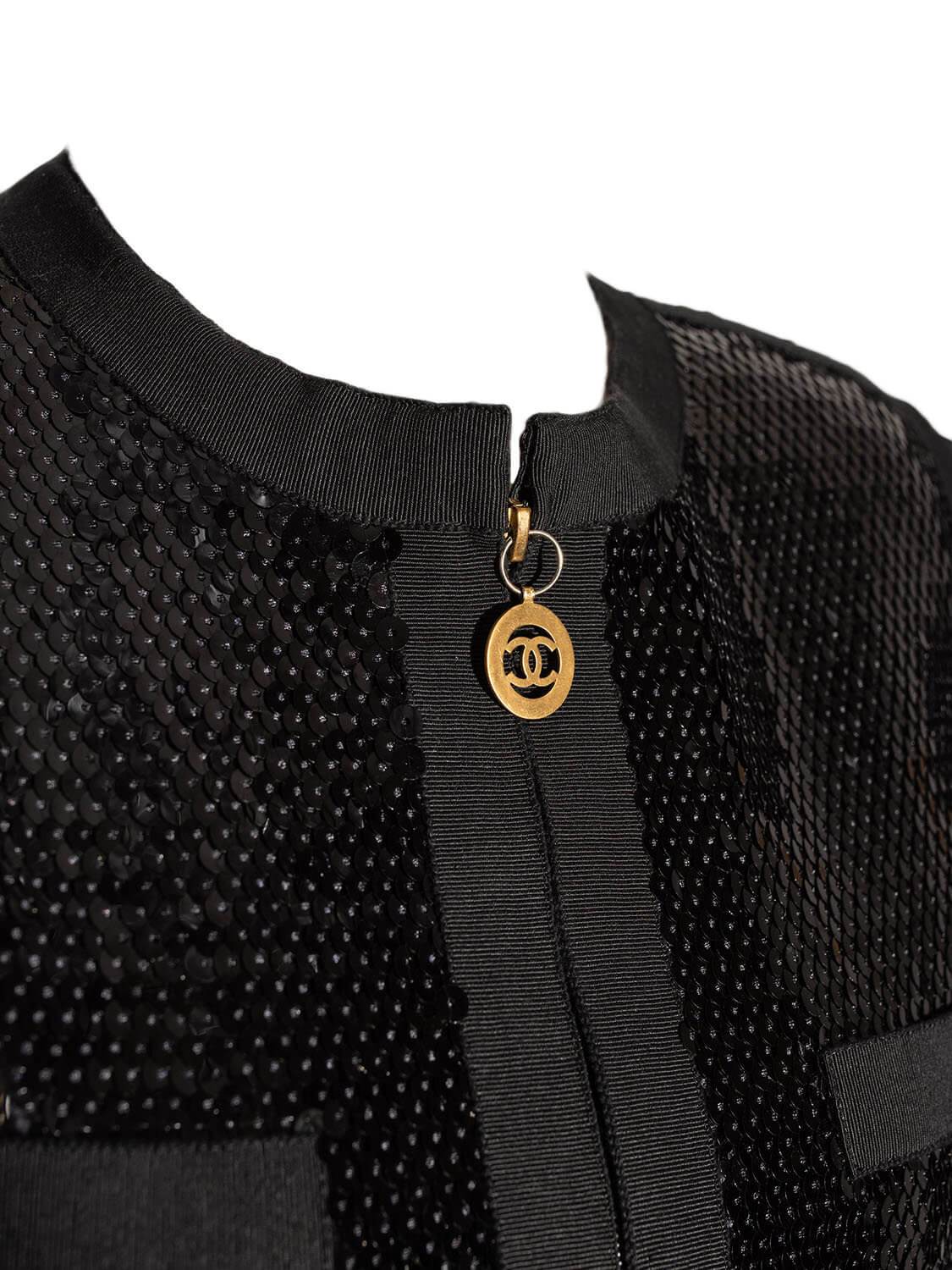 Chanel Shiny Sequin Long Sleeve Mini Dress Black