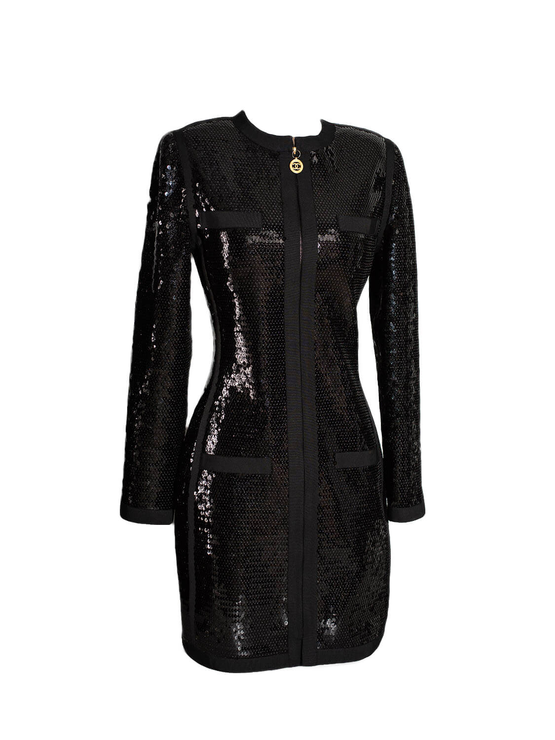 Chanel Shiny Sequin Long Sleeve Mini Dress Black
