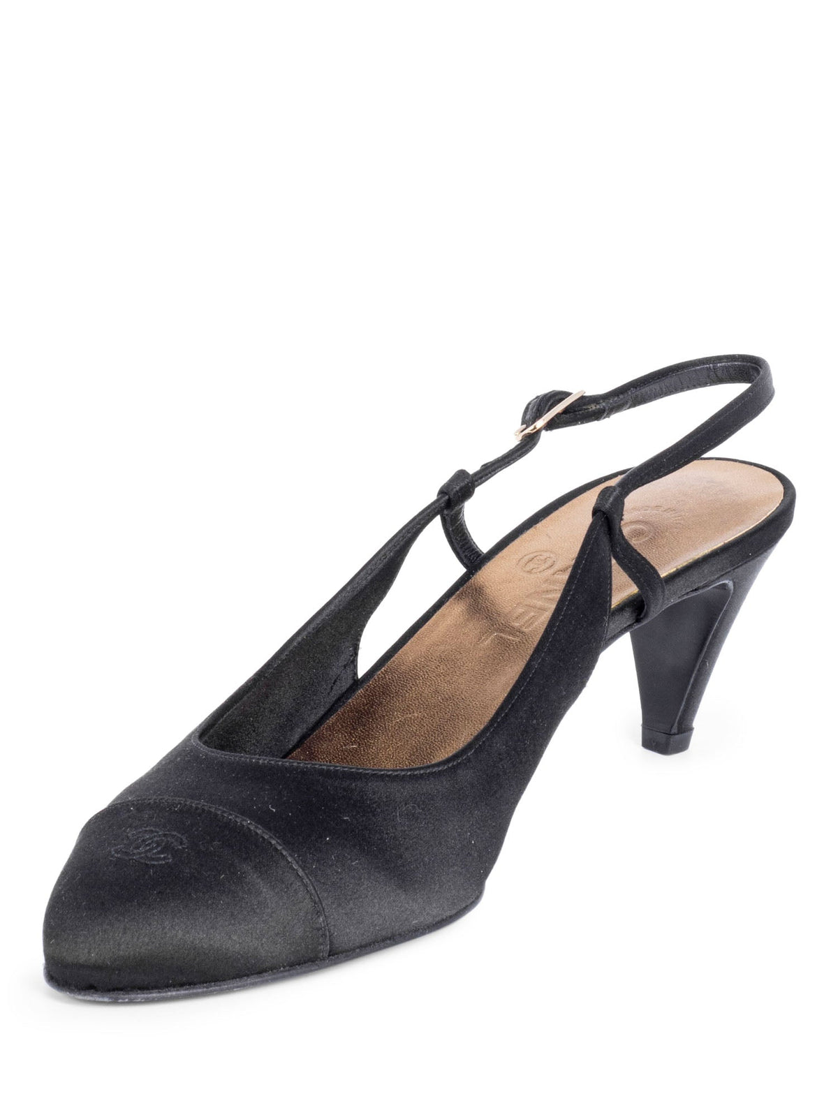 Chanel Silk CC Logo Cap Toe Sling Back Kitten Heels Black