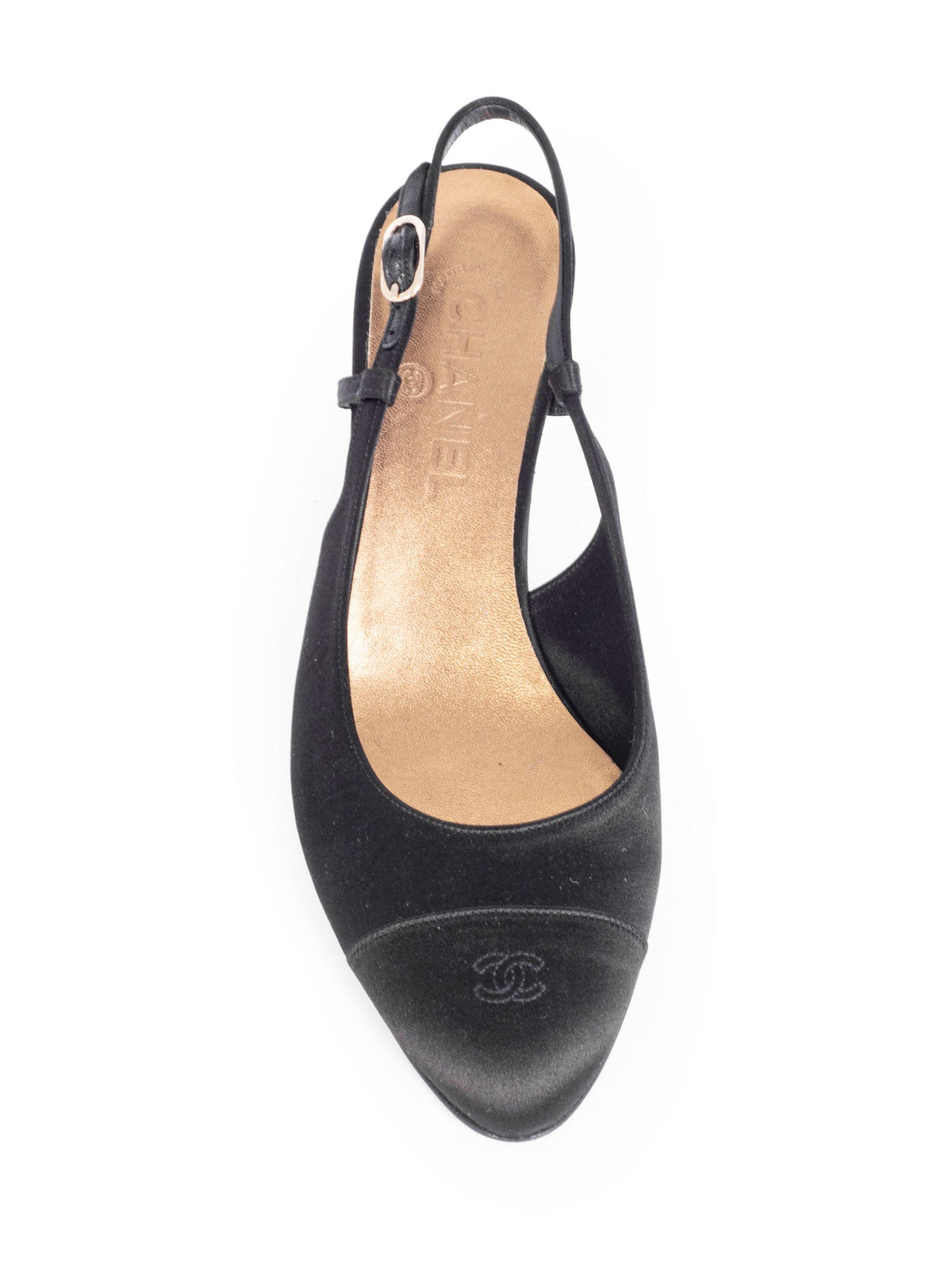 Chanel Silk CC Logo Cap Toe Sling Back Kitten Heels Black