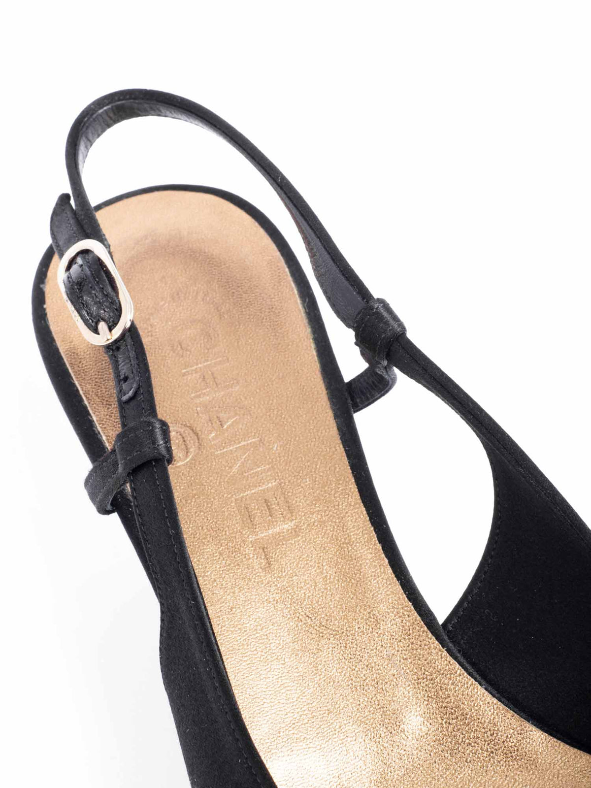 Chanel Silk CC Logo Cap Toe Sling Back Kitten Heels Black