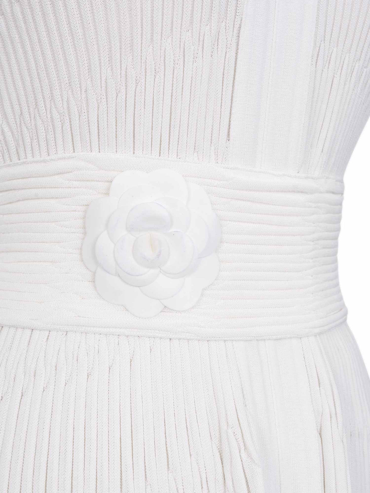 Chanel Silk Camellia Pleated Belted Knit Dress White